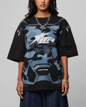 LatticeKnit RaglanSleeve Loiter Motocross Vintage T-Shirt Black/Navy Blue