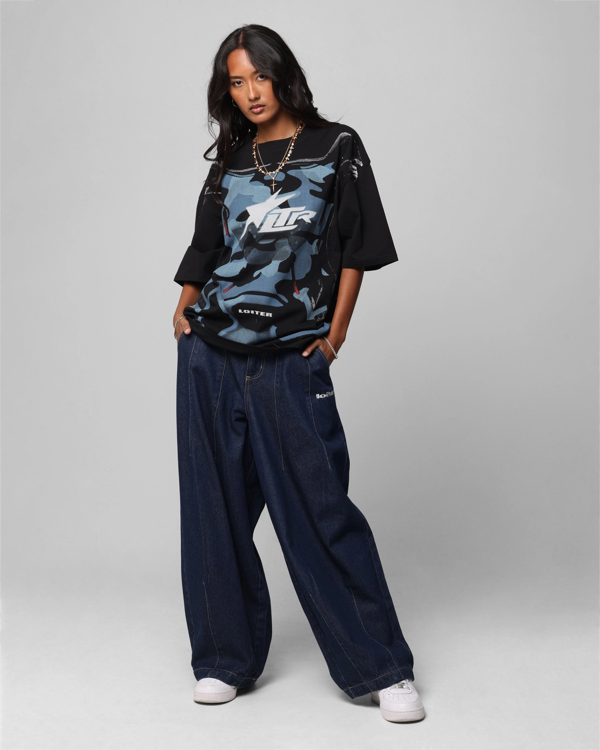 Loiter Motocross Vintage T-Shirt Black/Navy Blue MultiLayer Stitching Low Profile Seaming