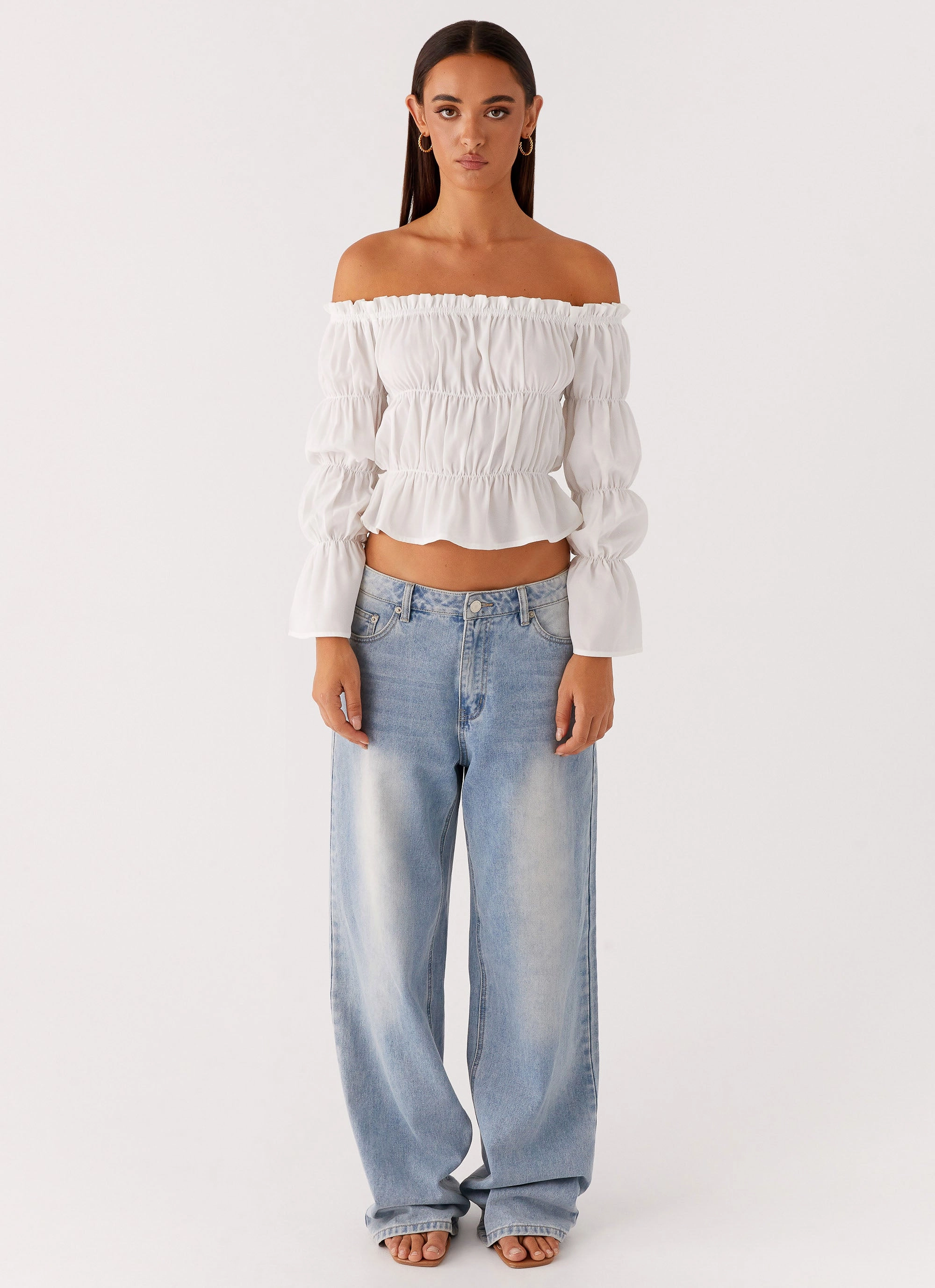 LowProfileSeams Ribbed collar Imara Ruched Long Sleeve Top - Ivory