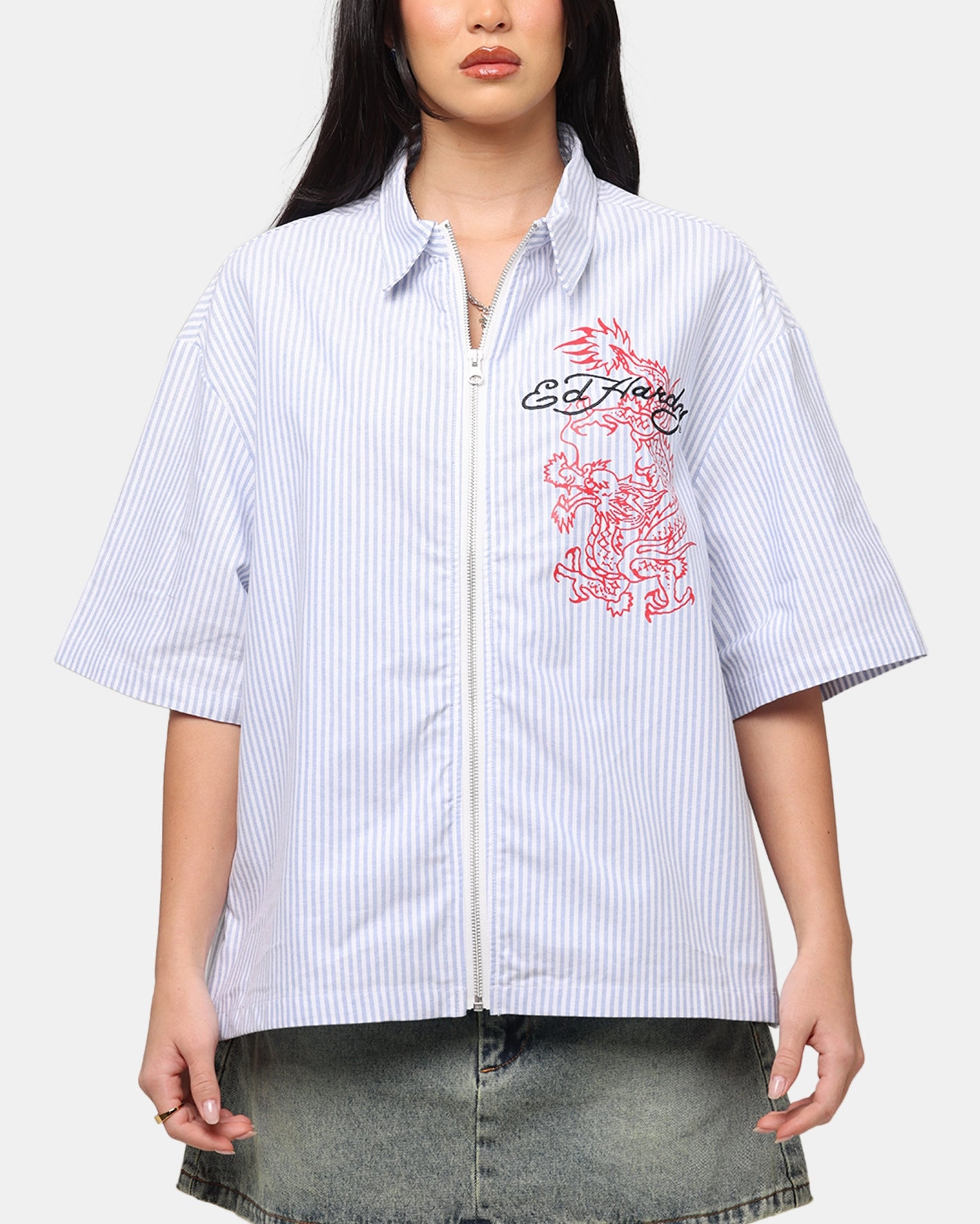 Garment Dyed Finish Ed Hardy Dragon Zip Shirt Blue Pin Stripe