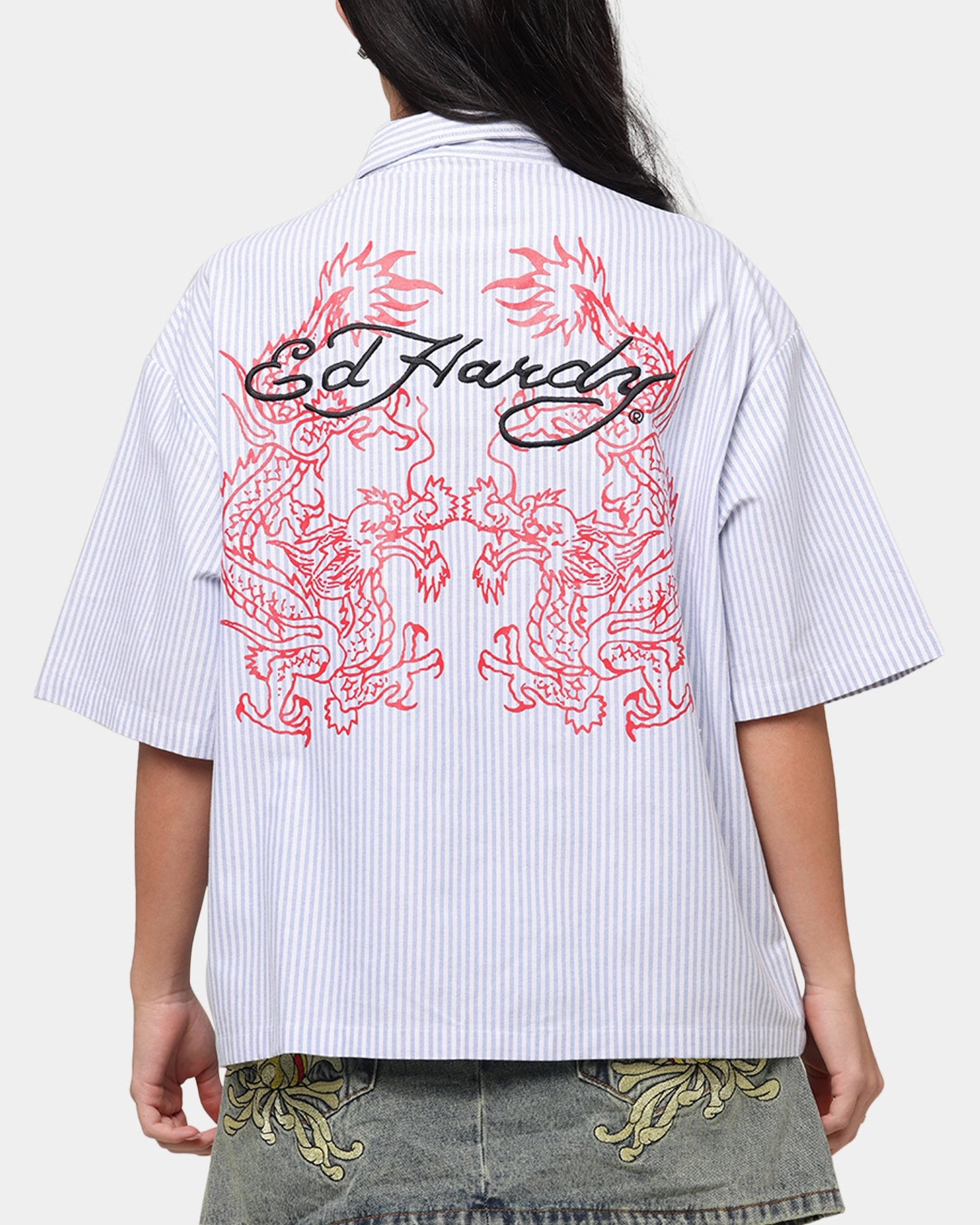 Ed Hardy Dragon Zip Shirt Blue Pin Stripe Anti Pilling Tension Balanced Design