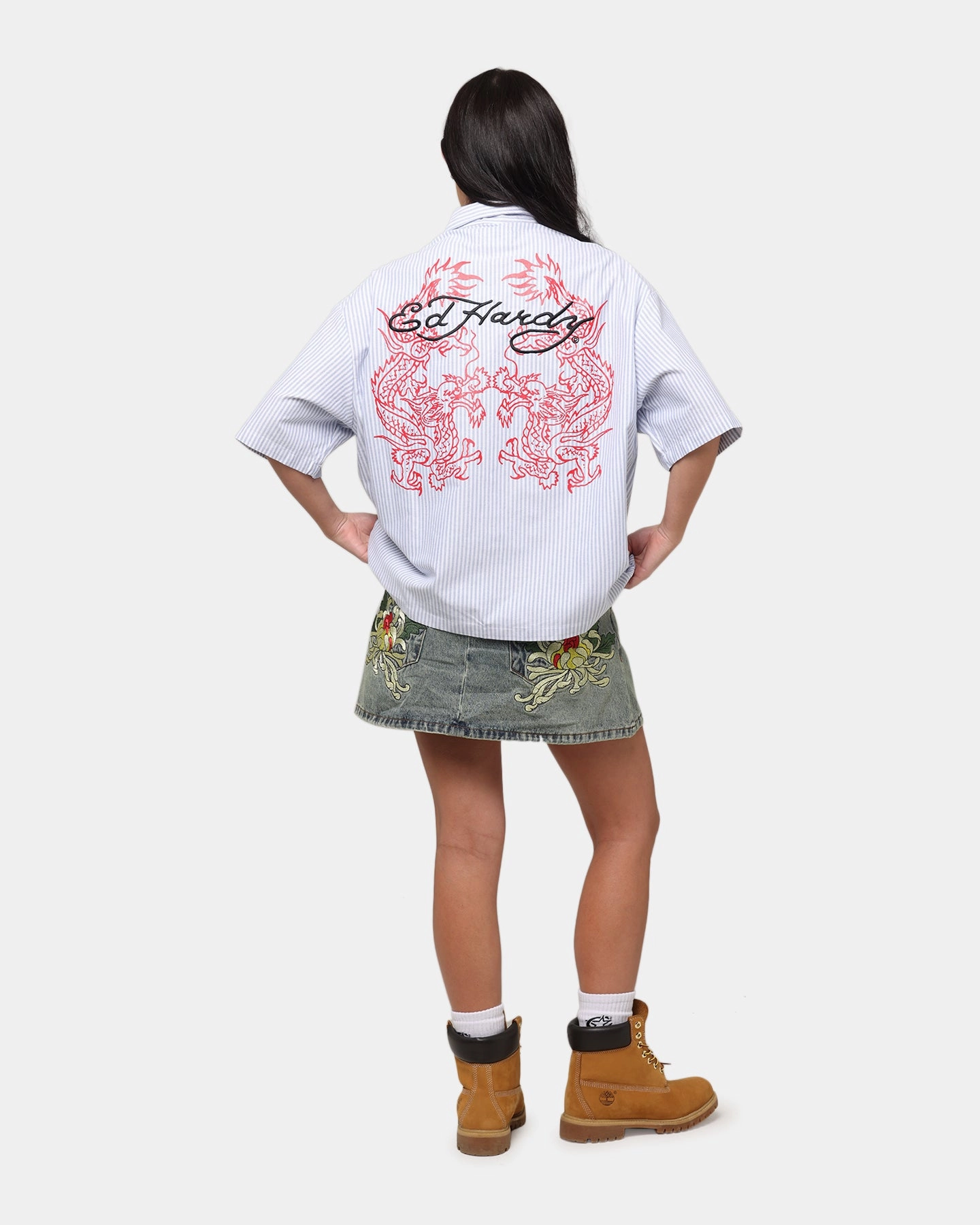 Ed Hardy Dragon Zip Shirt Blue Pin Stripe Stretch Fit Engineering