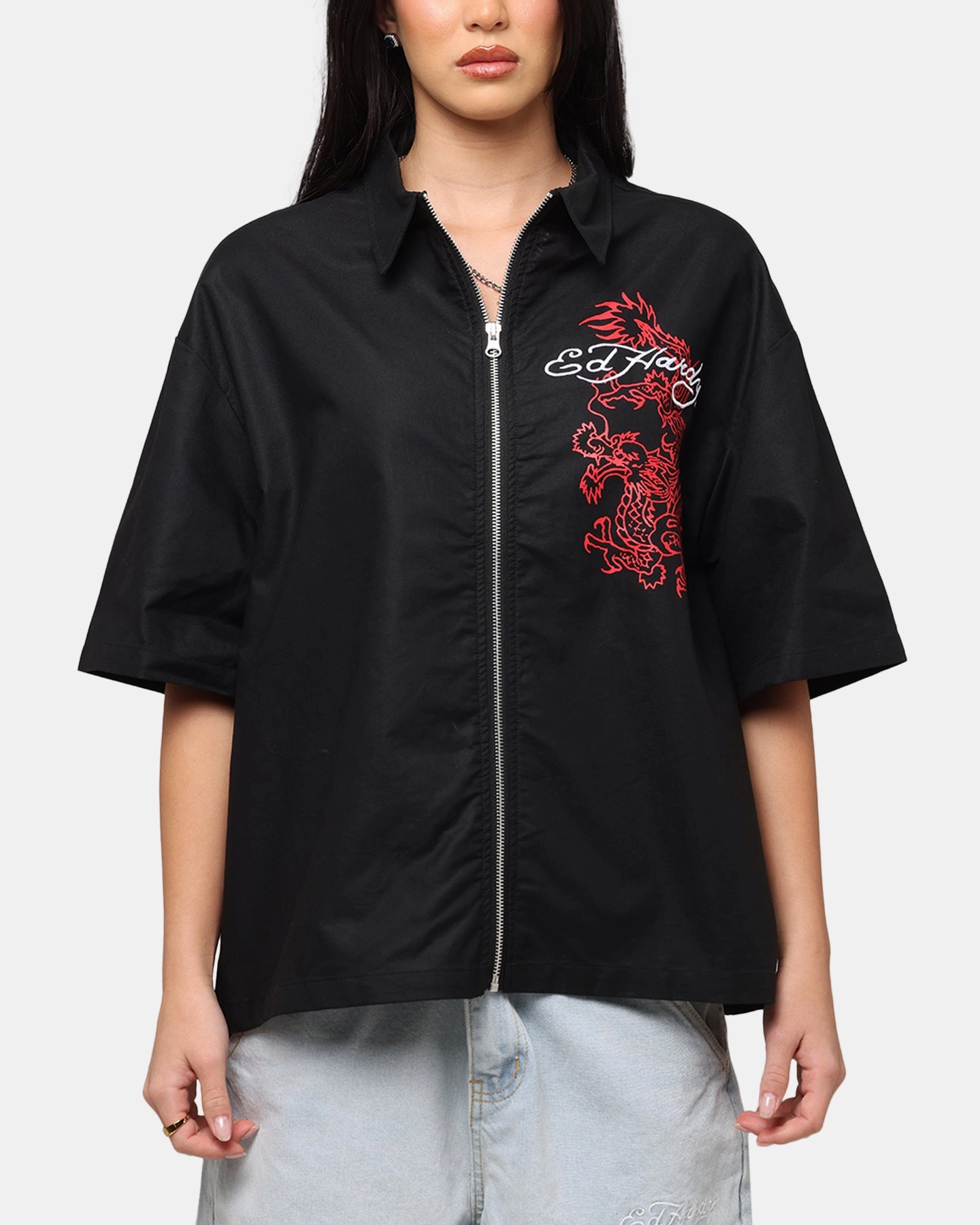 Ed Hardy Dragon Zip Shirt Black Activewear Top Four Way Stretch