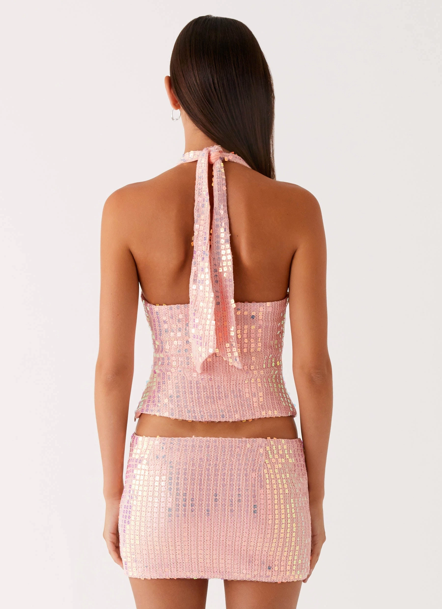 Been That Girl Halter Knit Sequin Top - Iridescent Pink Hidden Storage Pocket Reinforced Shoulder