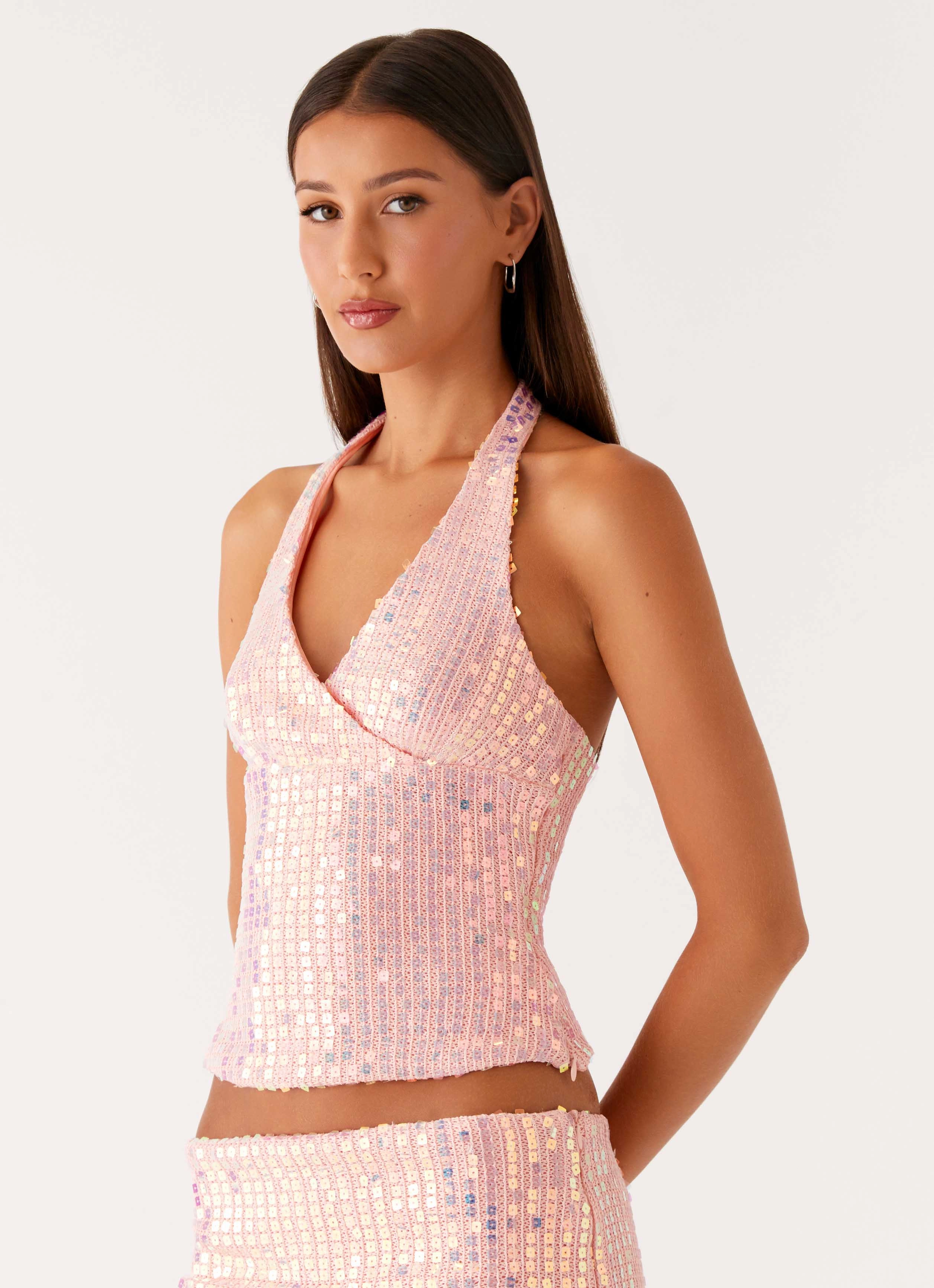 Been That Girl Halter Knit Sequin Top - Iridescent Pink LayeredCollar SolarReflectiveFinish