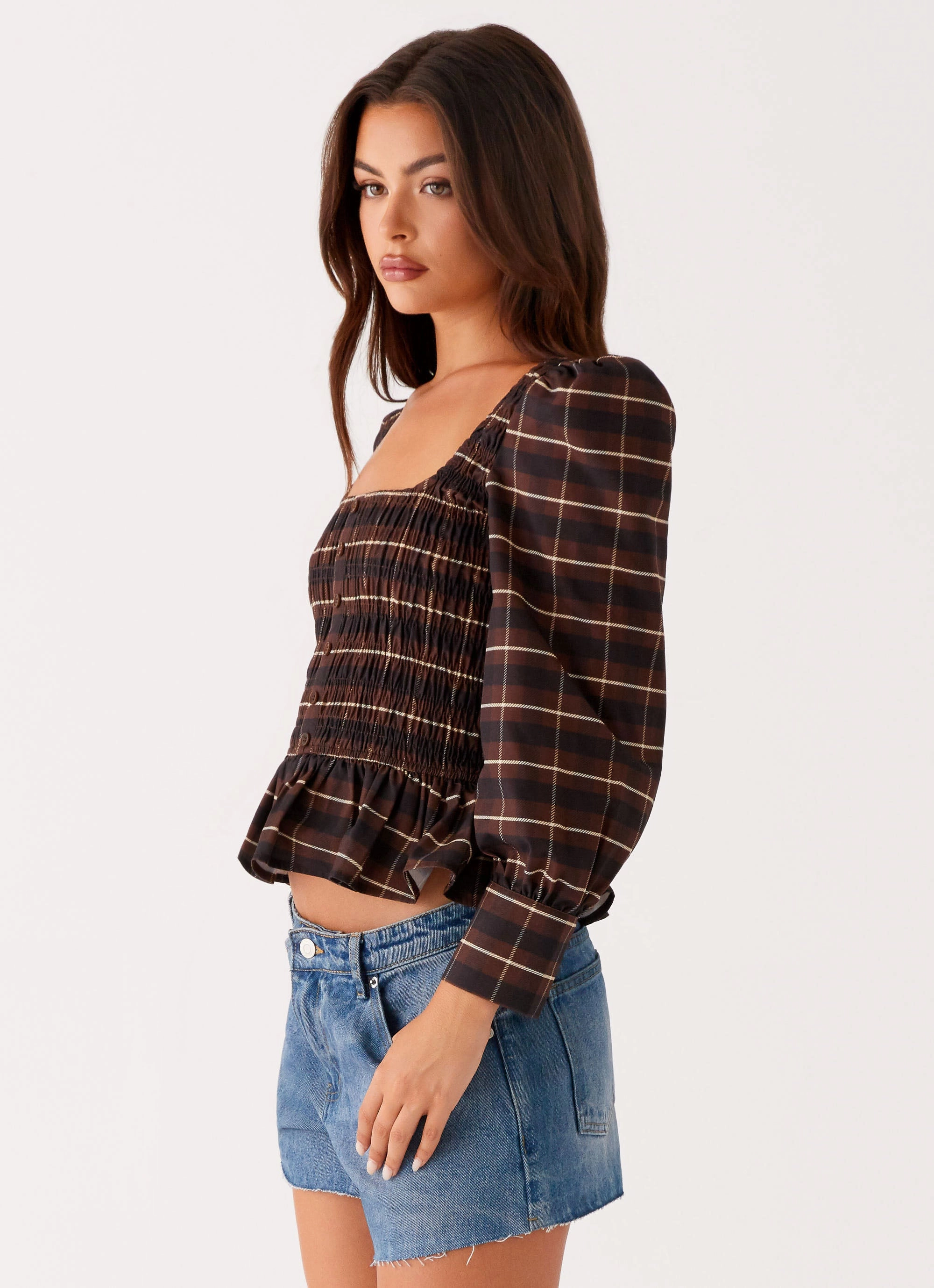 Joyce Long Sleeve Shirred Top - Chocolate Check RelaxedFit YarnDyedQuality
