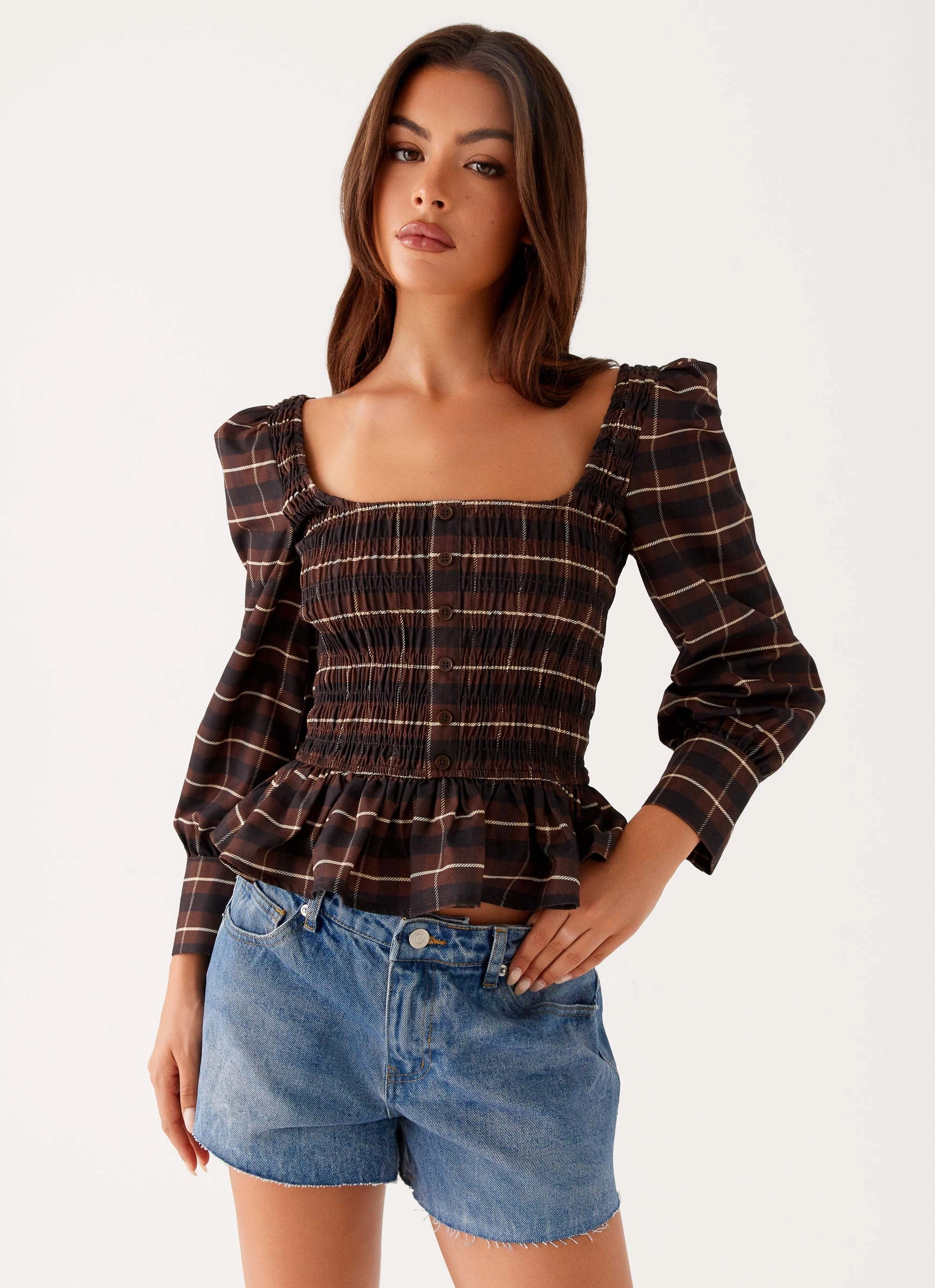 Joyce Long Sleeve Shirred Top - Chocolate Check Reflective Trims StretchMaterial