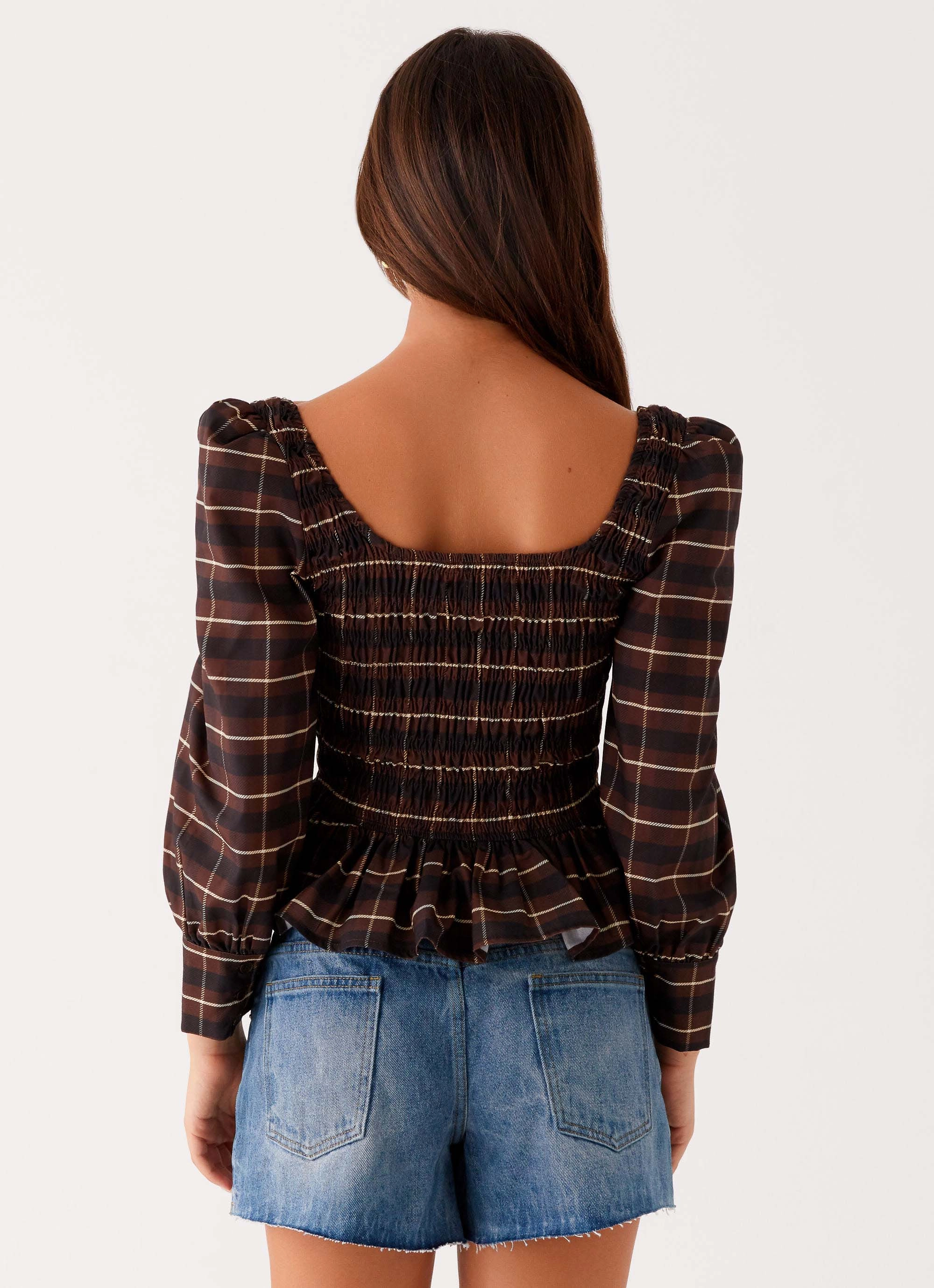 AntiStaticFabric Garment Washed Softness Joyce Long Sleeve Shirred Top - Chocolate Check
