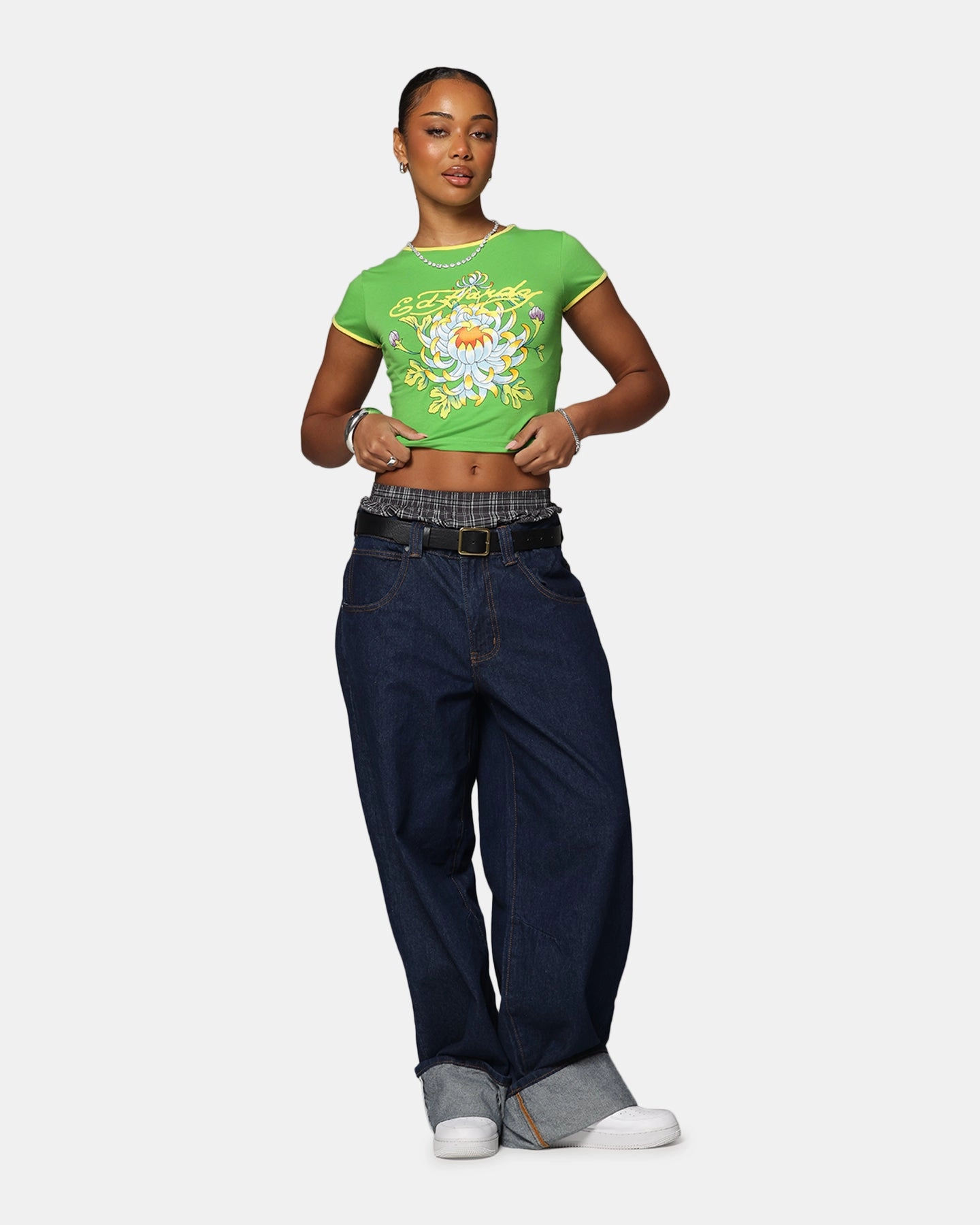 FadeResistantTechnology SunProtective Ed Hardy Women's Blooming Baby Ringer T-Shirt Green/Yellow