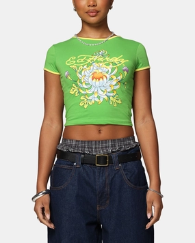 Stretchable Knit Ed Hardy Women's Blooming Baby Ringer T-Shirt Green/Yellow