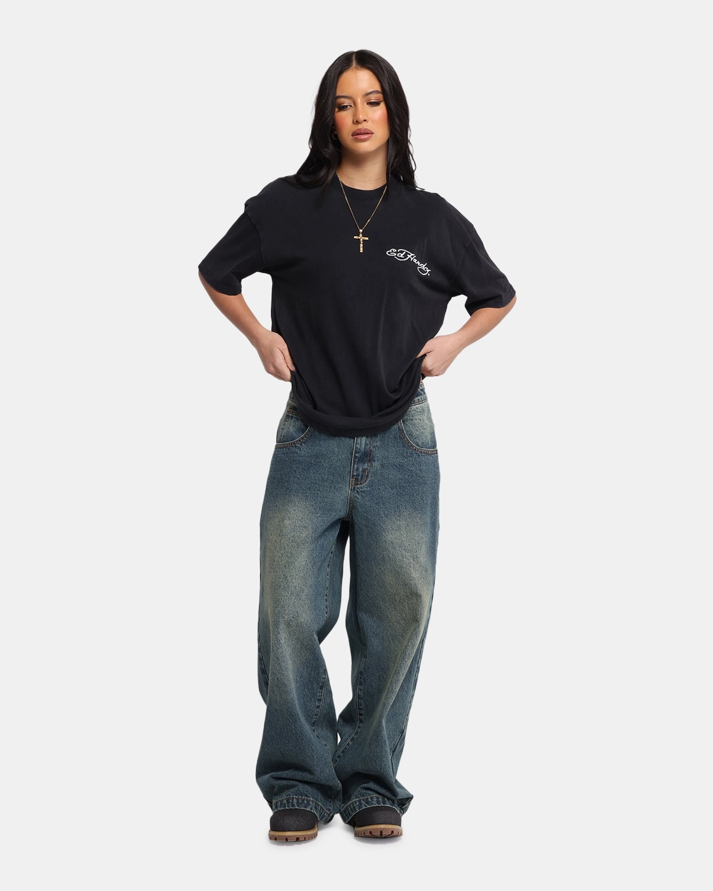 Ed Hardy Catcher T-Shirt Black Acidwash Quick Access Slit FeatherlightConstruction