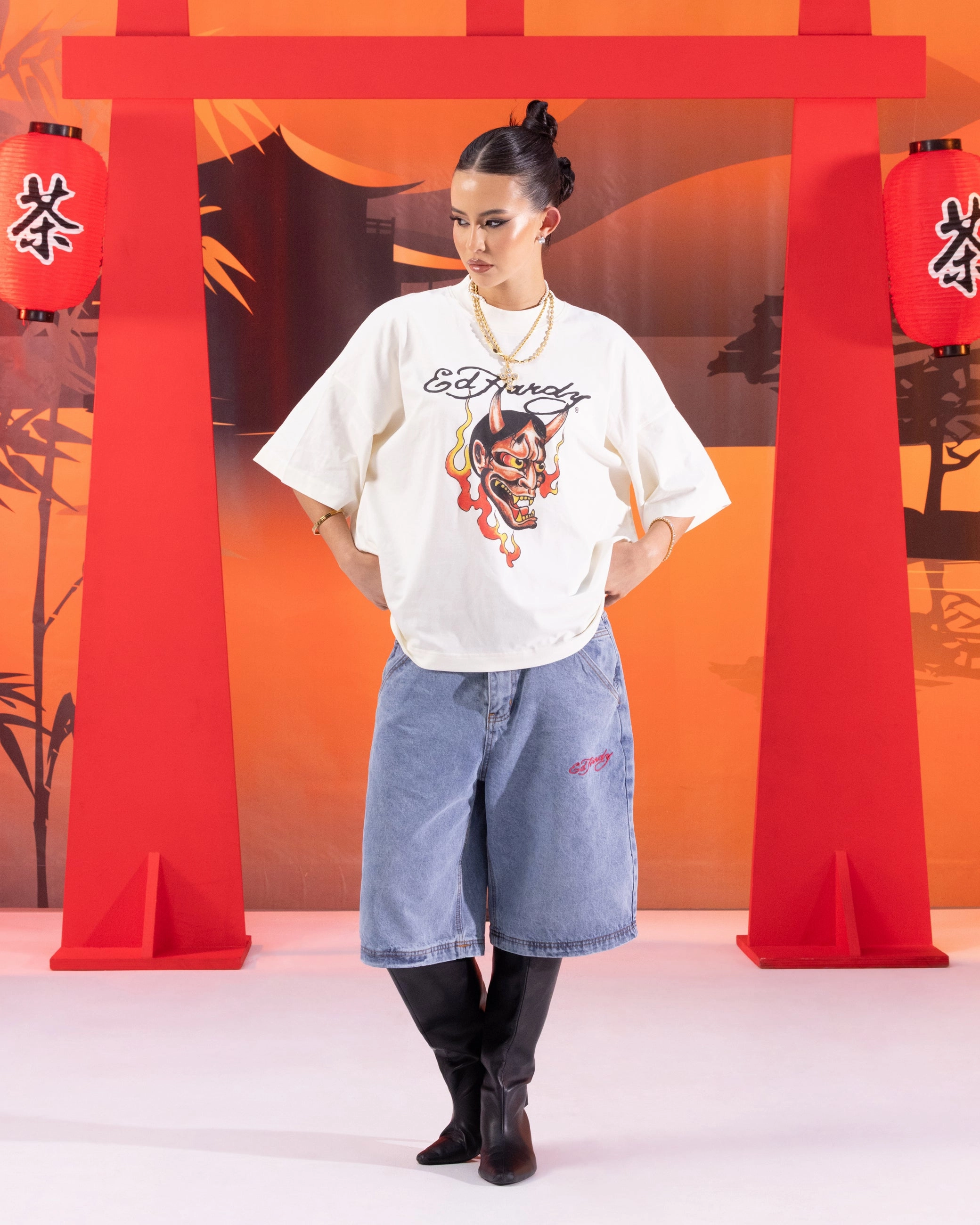 Ed Hardy Devil T-Shirt Off White Layered Hem Reinforcement Recycled Polyester