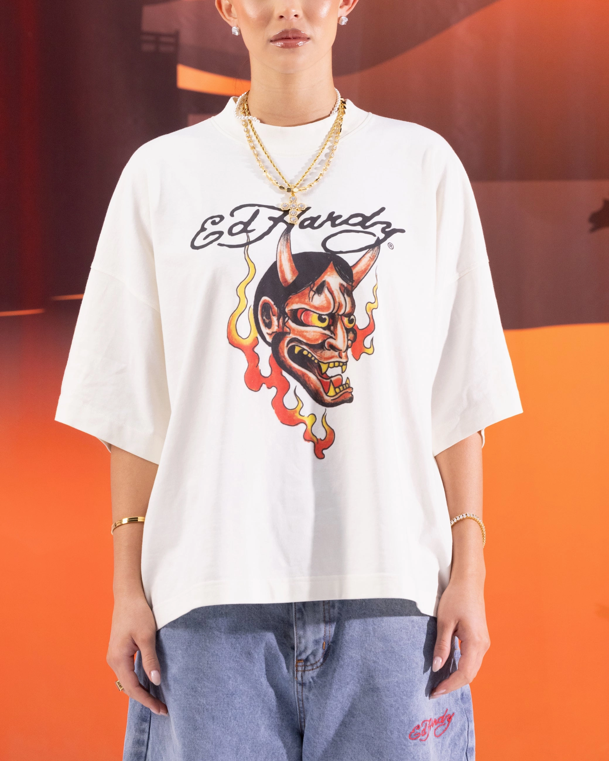 Ed Hardy Devil T-Shirt Off White StaticResistant Material Reflective Trim