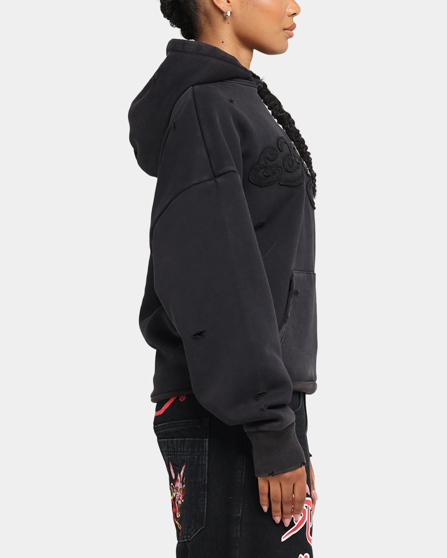 Adjustable Hem Toggles Thermal Regulating Fabric Ed Hardy Distressed Hoodie Washed Black
