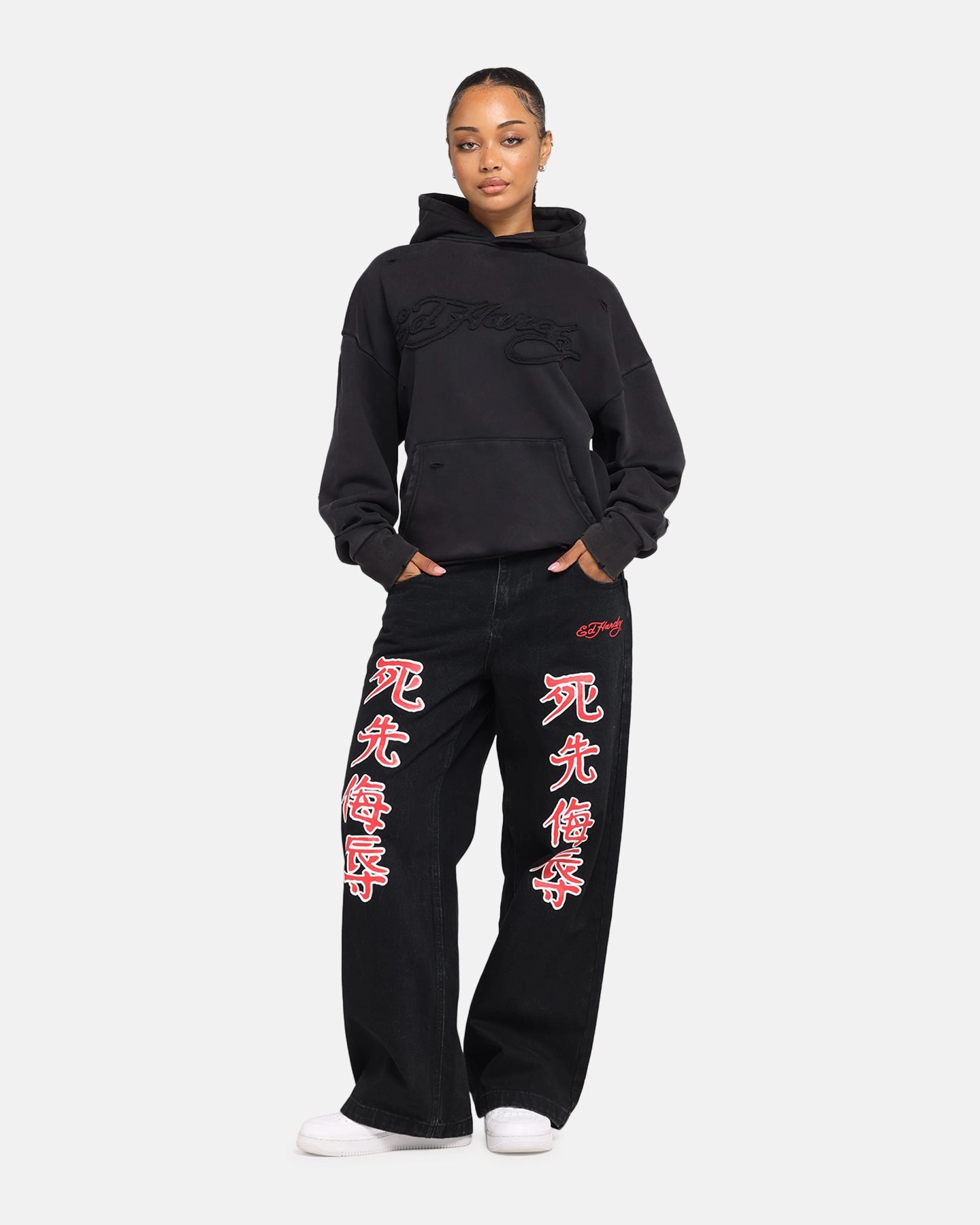 Ed Hardy Distressed Hoodie Washed Black ReinforcedHem