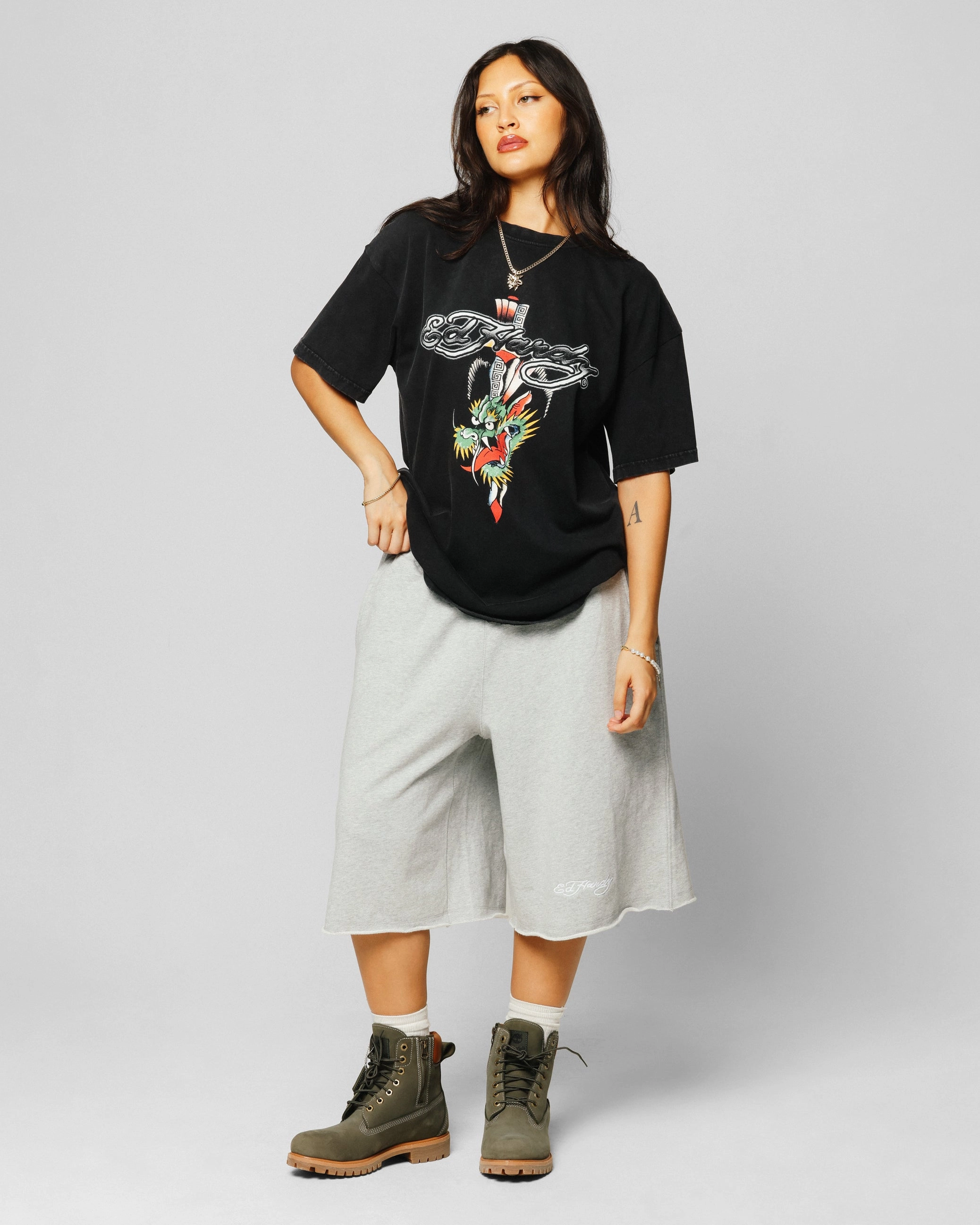 Ed Hardy Dragon Logo T-Shirt Black Acidwash Neutral Tone Stitching