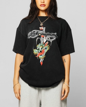 WeightedHem Ed Hardy Dragon Logo T-Shirt Black Acidwash