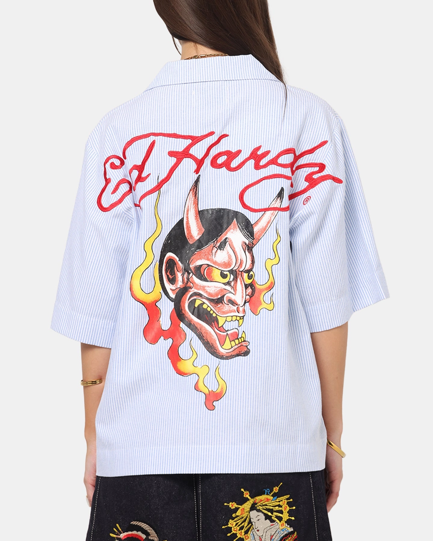 DoubleStitched Hem MultiLayer Stitching Ed Hardy Flame Stripe Button Up Shirt Blue Pin Stripe