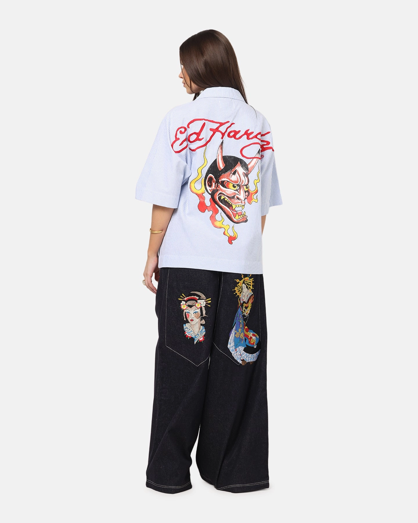 Subtle Texture Weave Flatlock Seam Ed Hardy Flame Stripe Button Up Shirt Blue Pin Stripe