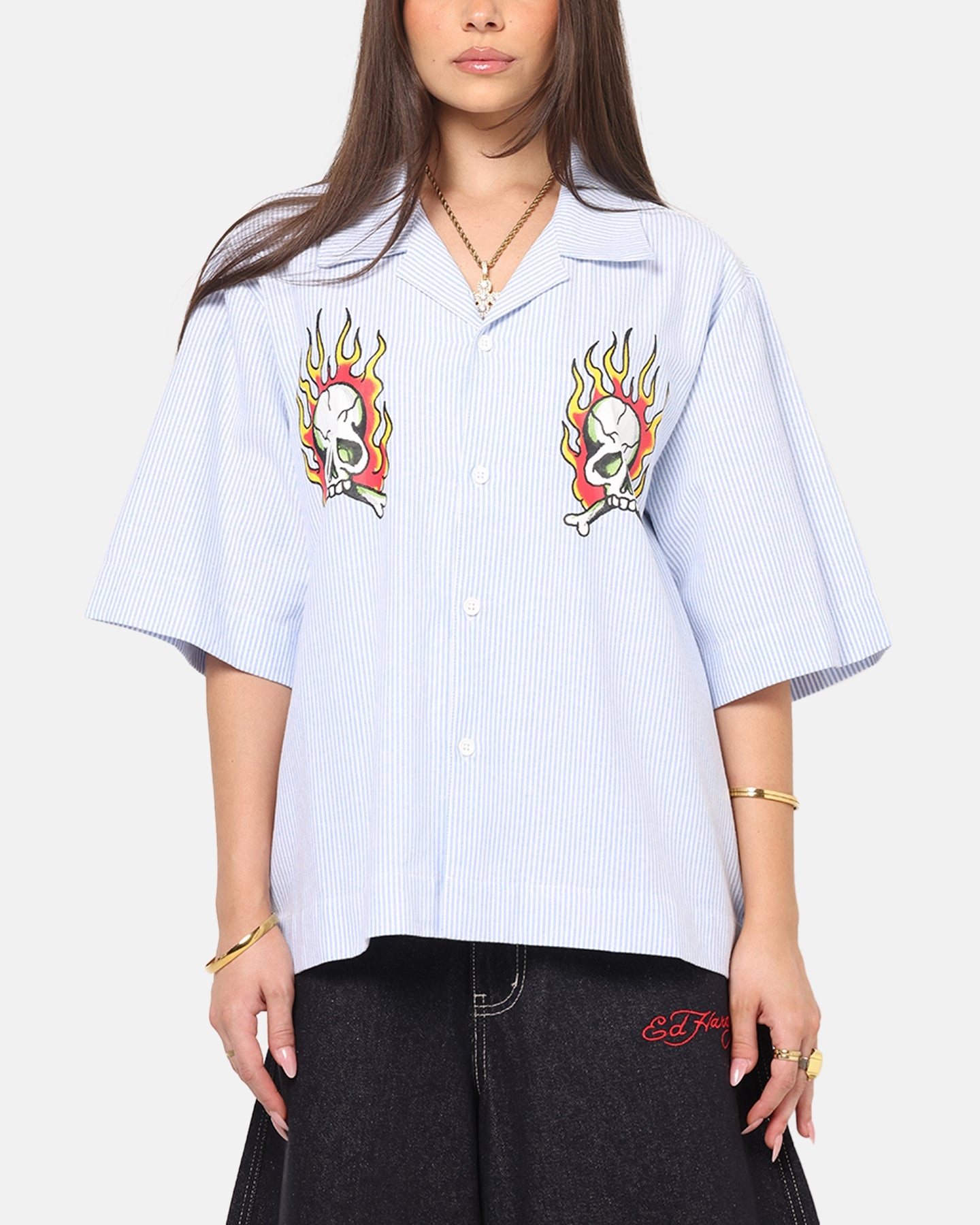 Ed Hardy Flame Stripe Button Up Shirt Blue Pin Stripe SolarReflectiveFinish
