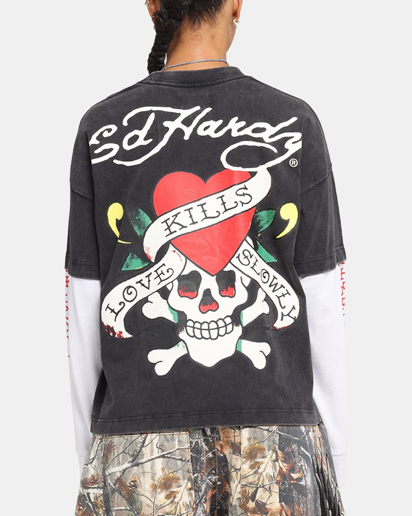 Compact Stitching Anti Pill Surface Ed Hardy Love Kills Layered Long Sleeve T-Shirt Black