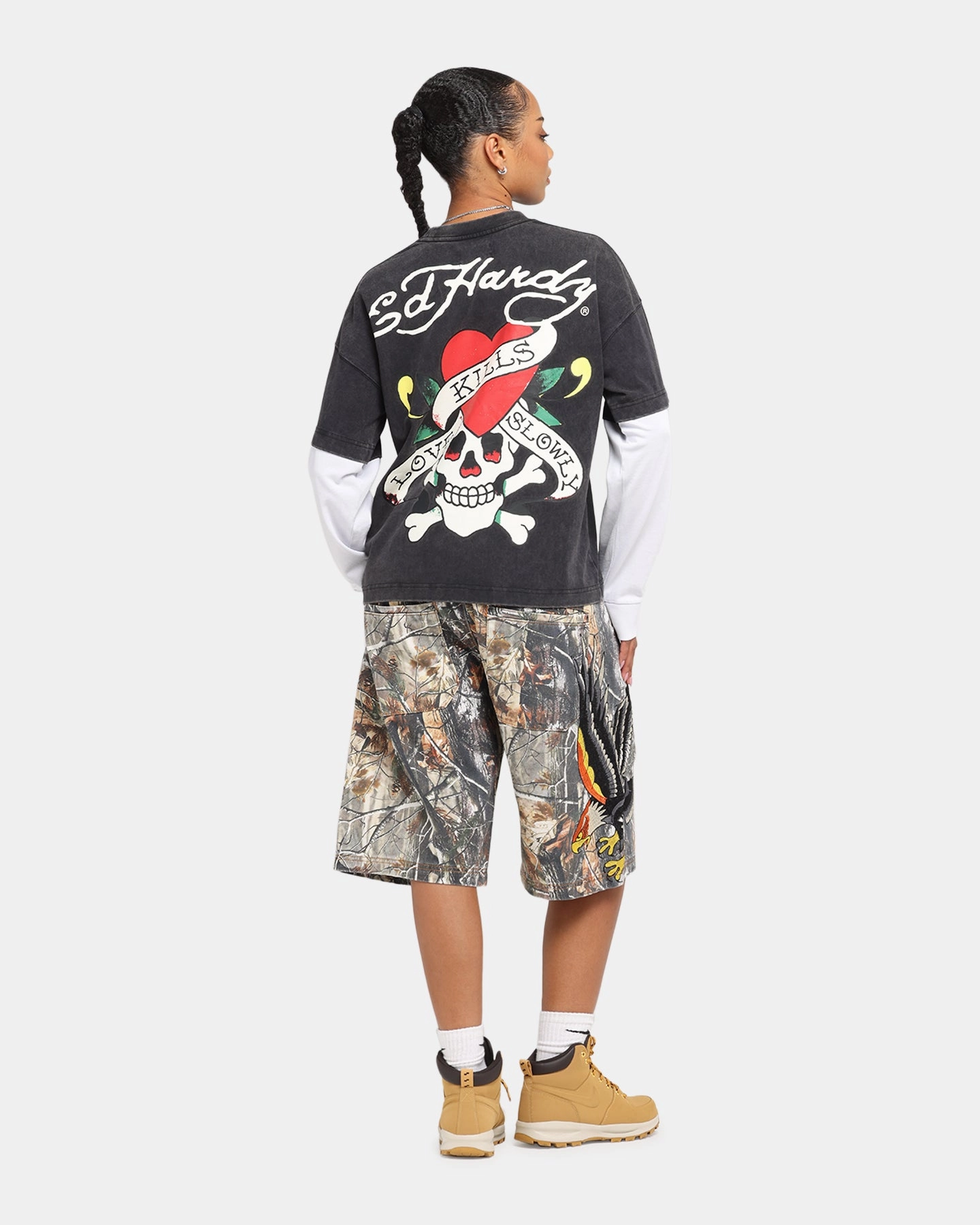 Ed Hardy Love Kills Layered Long Sleeve T-Shirt Black ElasticEdgeBinding Durable Reinforced Elbow Patches