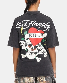 Ed Hardy Love Kills Oversized T-Shirt Black AntiStatic Material Flexible Knit Fabric