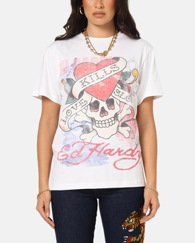 Ed Hardy Love Kills Slowly Vintage T-Shirt White ReinforcedShoulders Adjustable Cuffs