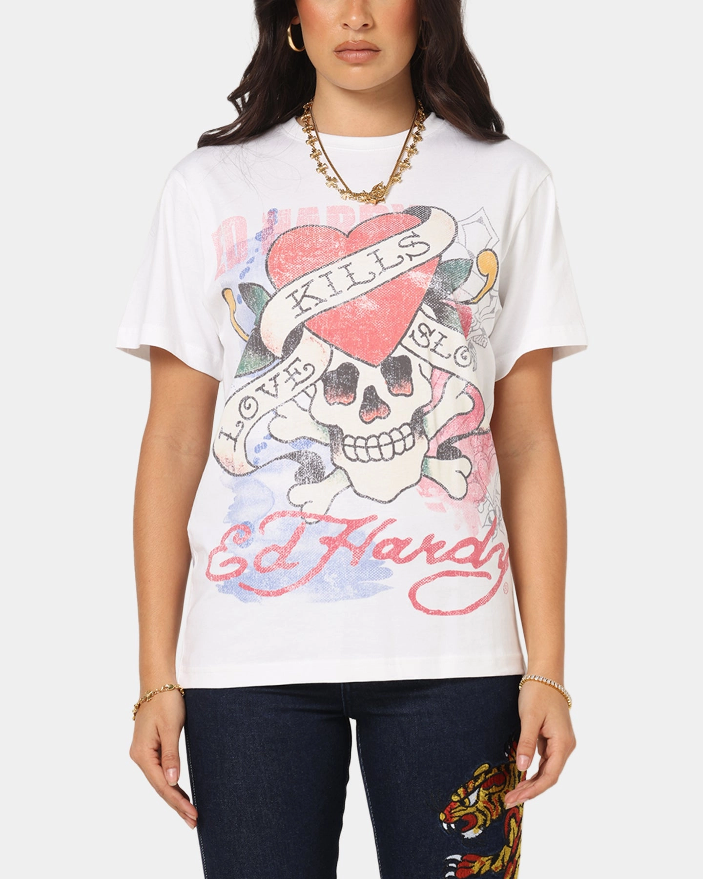Ed Hardy Love Kills Slowly Vintage T-Shirt White ReinforcedShoulders Adjustable Cuffs