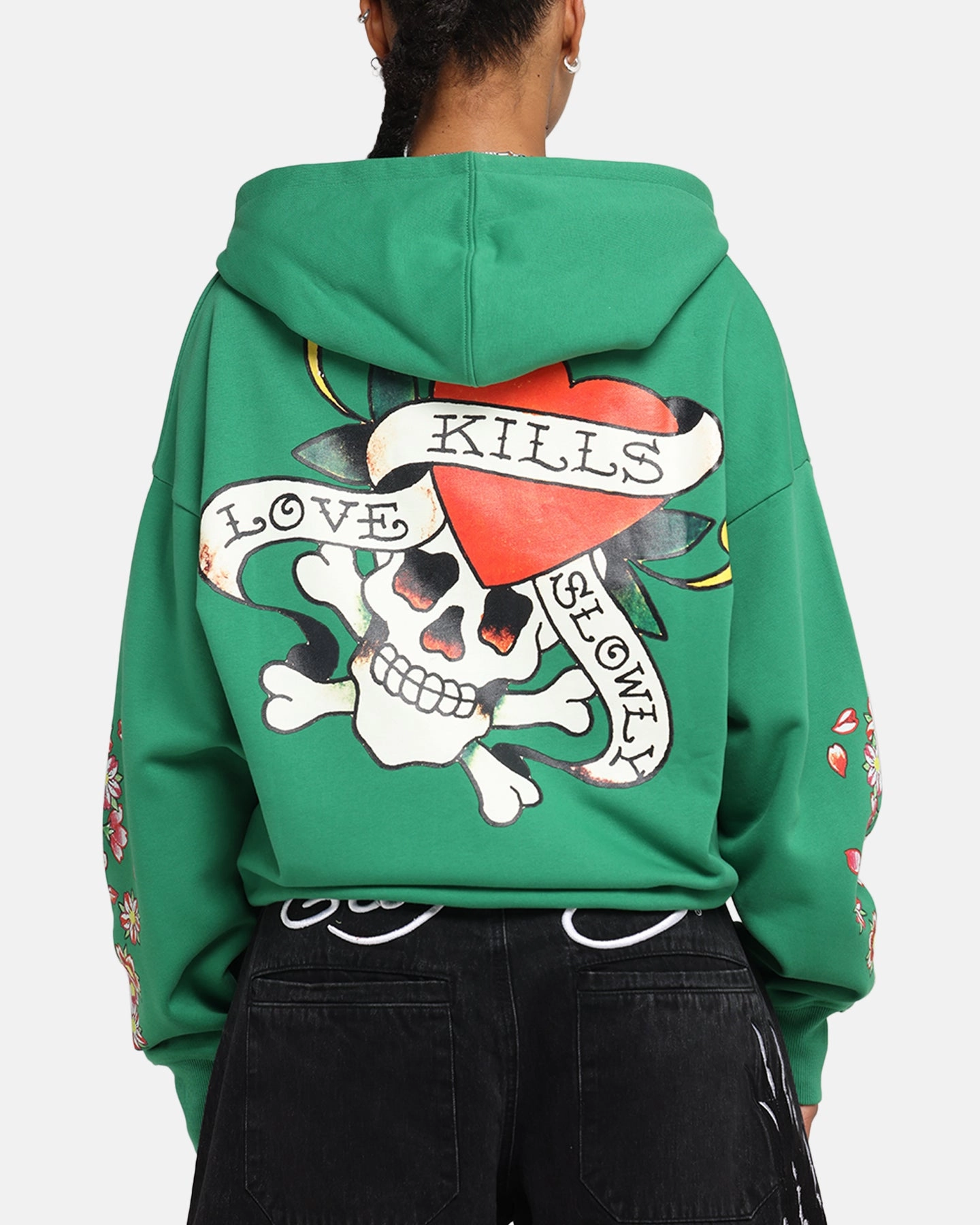 Ed Hardy Love Kills Slowly Zip Hoodie Green ArticulatedElbowShaping Loose Tee