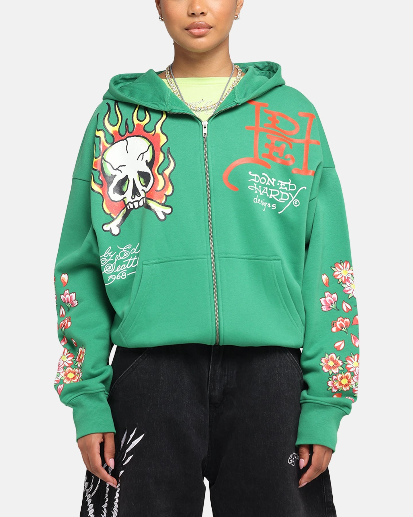 Fitted Design Elegant Look Ed Hardy Love Kills Slowly Zip Hoodie Green