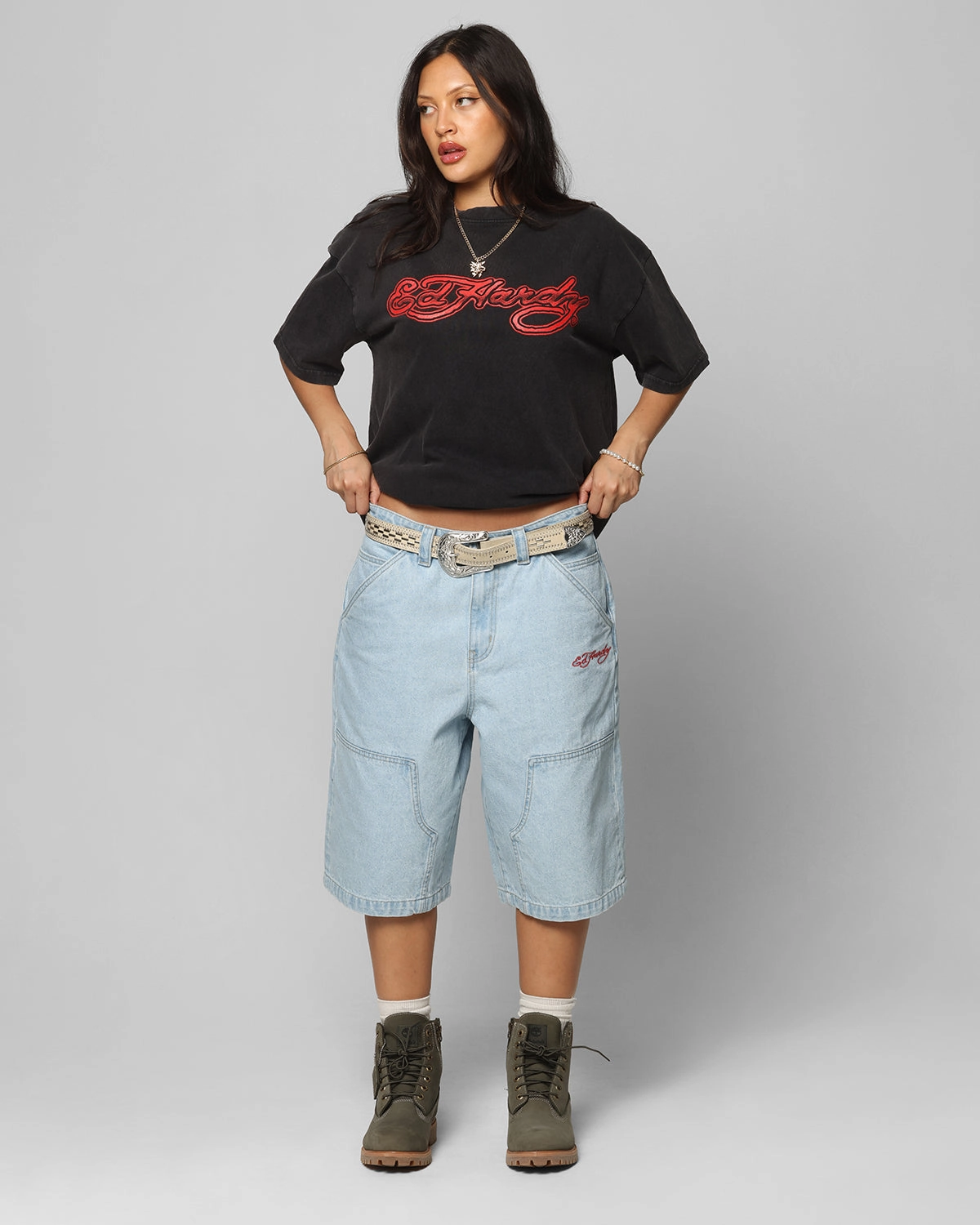 Seamless Knit Design Ed Hardy Tribal T-Shirt Black Acidwash