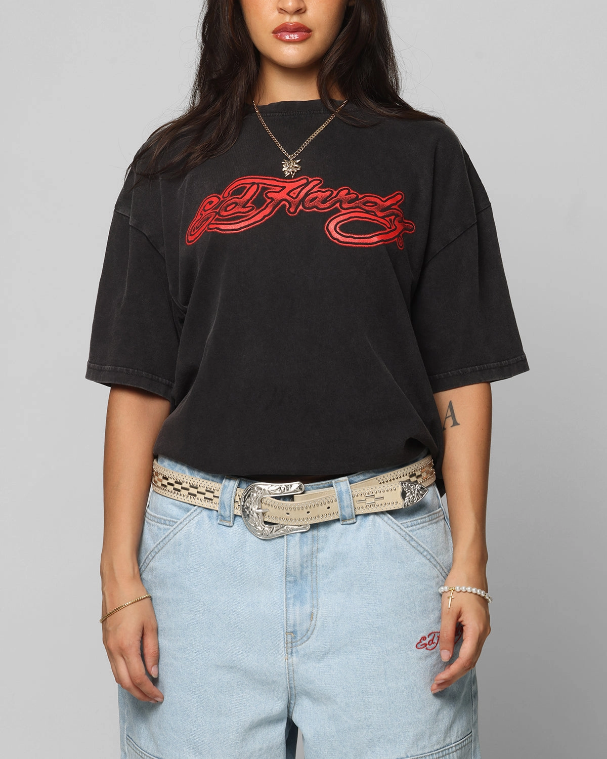 ClassicCrewNeck Built In Filter Layer Ed Hardy Tribal T-Shirt Black Acidwash
