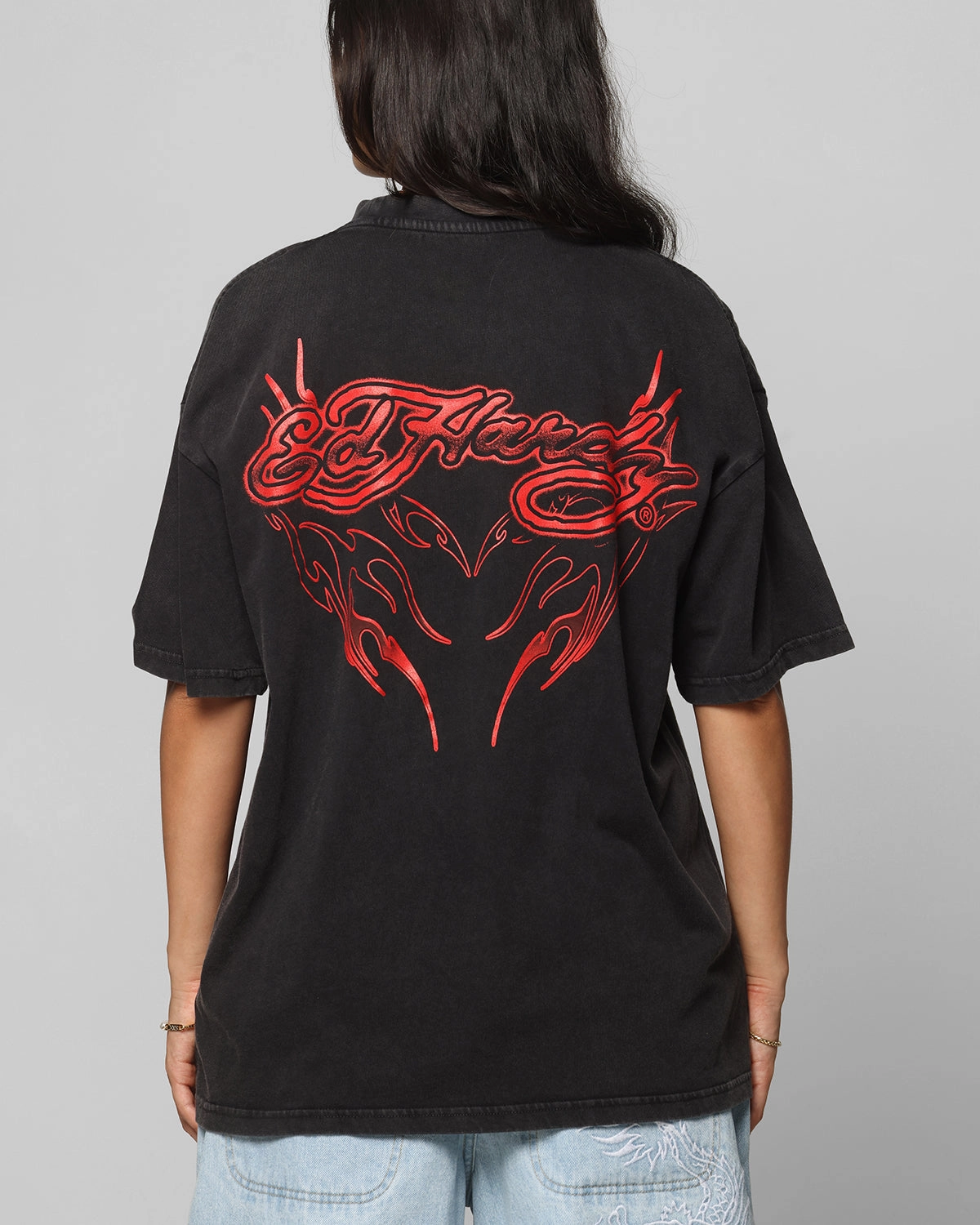 Ed Hardy Tribal T-Shirt Black Acidwash Yarn Dye Stripe