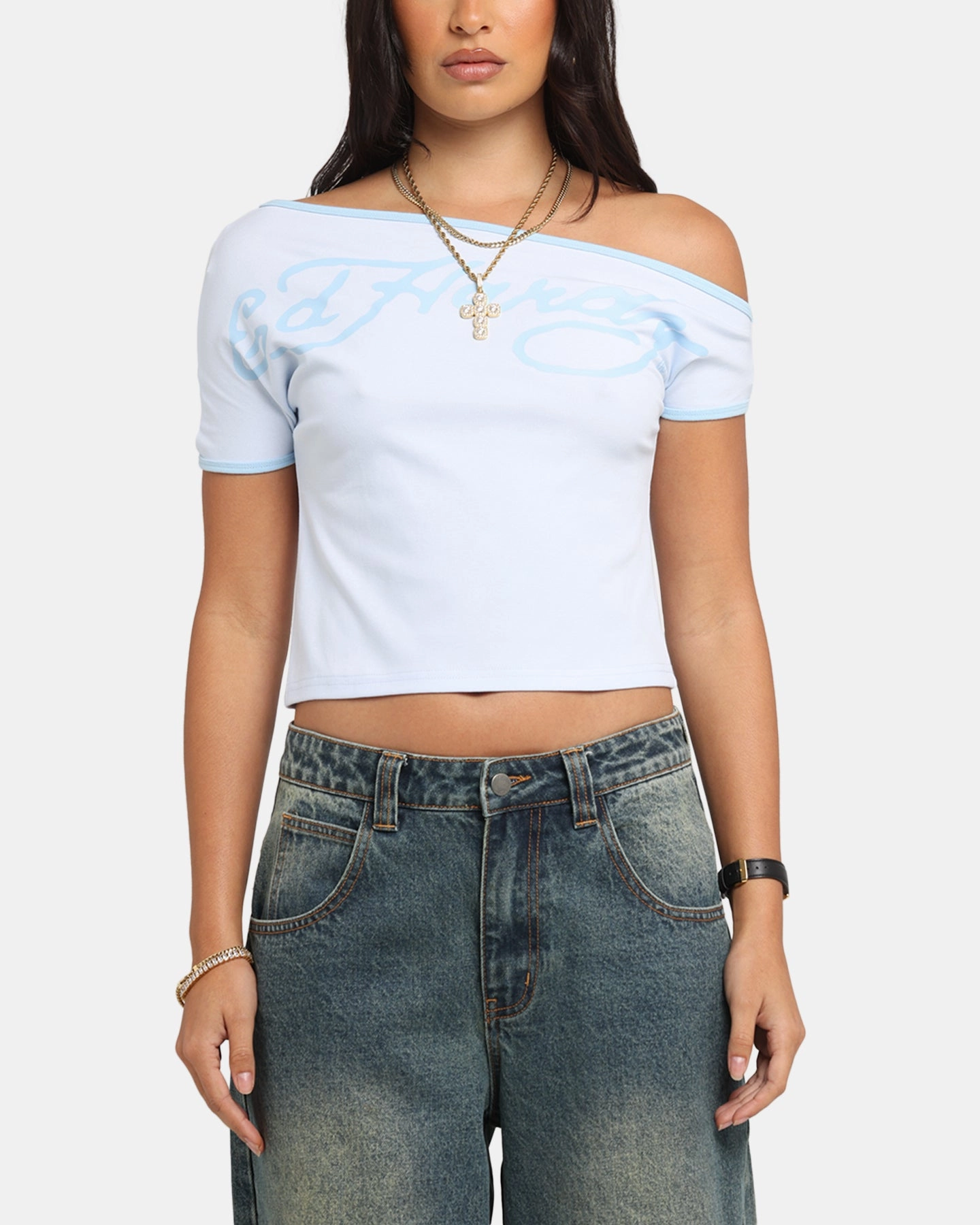 LayeredPanel Reflective Detailing Ed Hardy Women's Aline Baby T-Shirt Blue