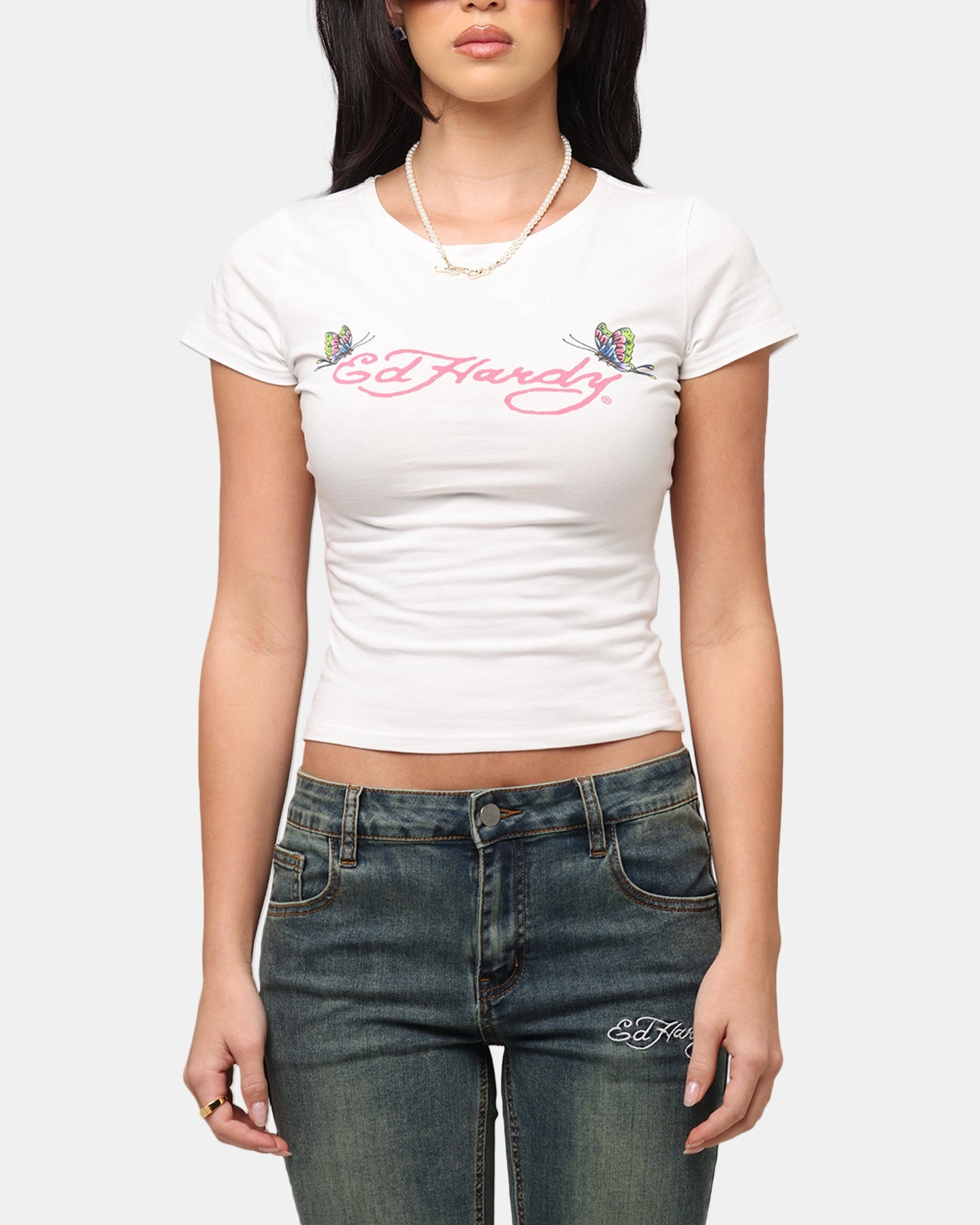 Ed Hardy Women's Butterfly Baby T-Shirt White Easycare