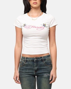 Ed Hardy Women's Butterfly Baby T-Shirt White Easycare