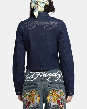 Ed Hardy Women's Cropped Denim Biker Jacket Indigo Denim Durable Stitching EcoFriendlyMaterial