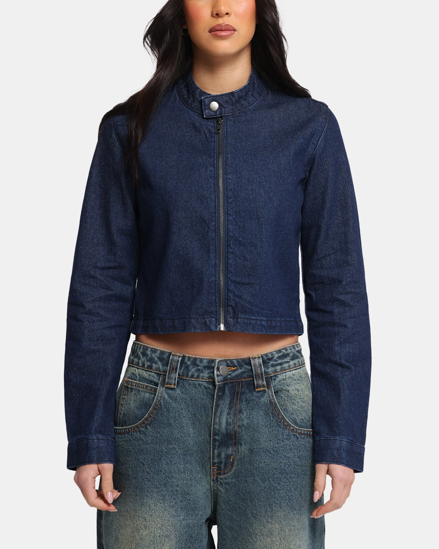 Ed Hardy Women's Cropped Denim Biker Jacket Indigo Denim Tencel Blend Fabric