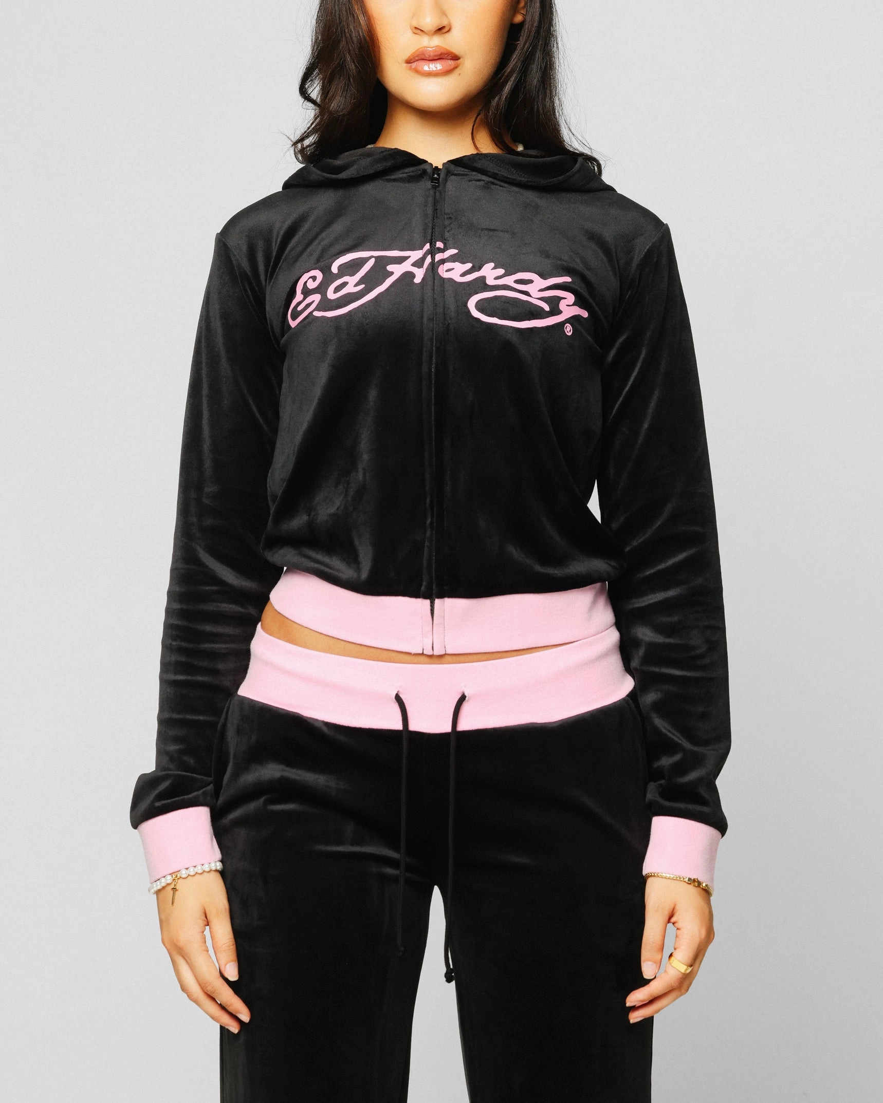 Ed Hardy Women's Cropped Hoodie Black/Pink Activewear Top
