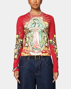 Ed Hardy Women's Divine Long Sleeve T-Shirt Red Rubberized grip Reflective Detailing