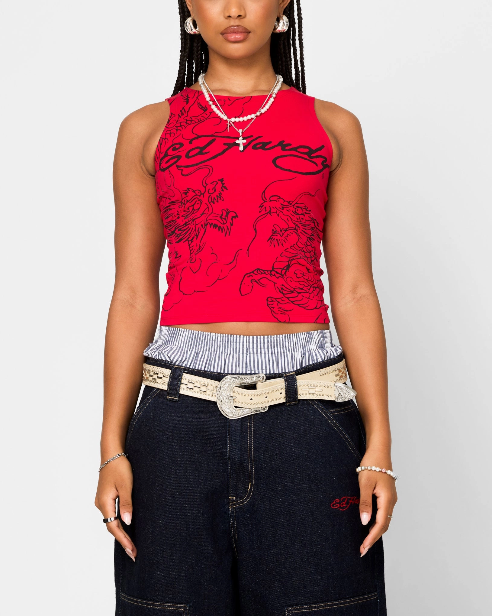 Ed Hardy Women's Dragon Tank Red Double Layered Hem AntiStaticFabric