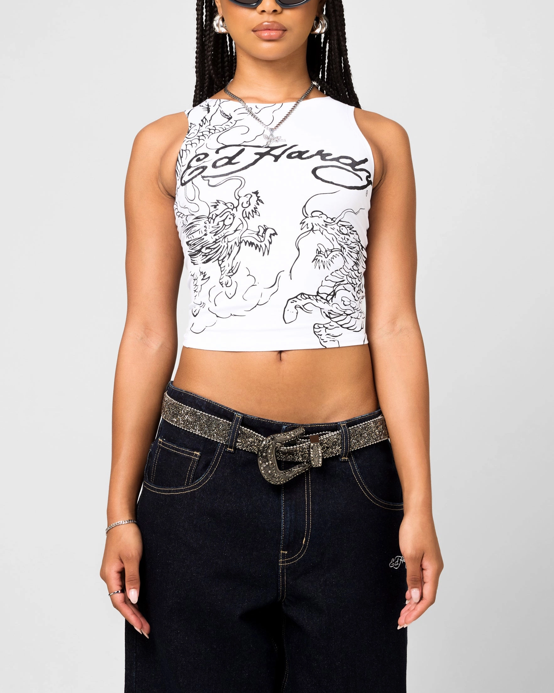 Petal Sleeve Architecture HeatRegulating Ed Hardy Women's Dragon Tank White