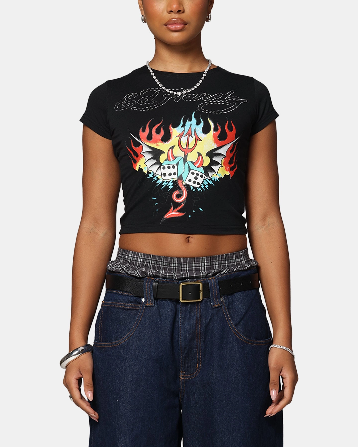 SoftTouchFinish FlexibleRibbing Ed Hardy Women's Flame Roll Baby T-Shirt Black