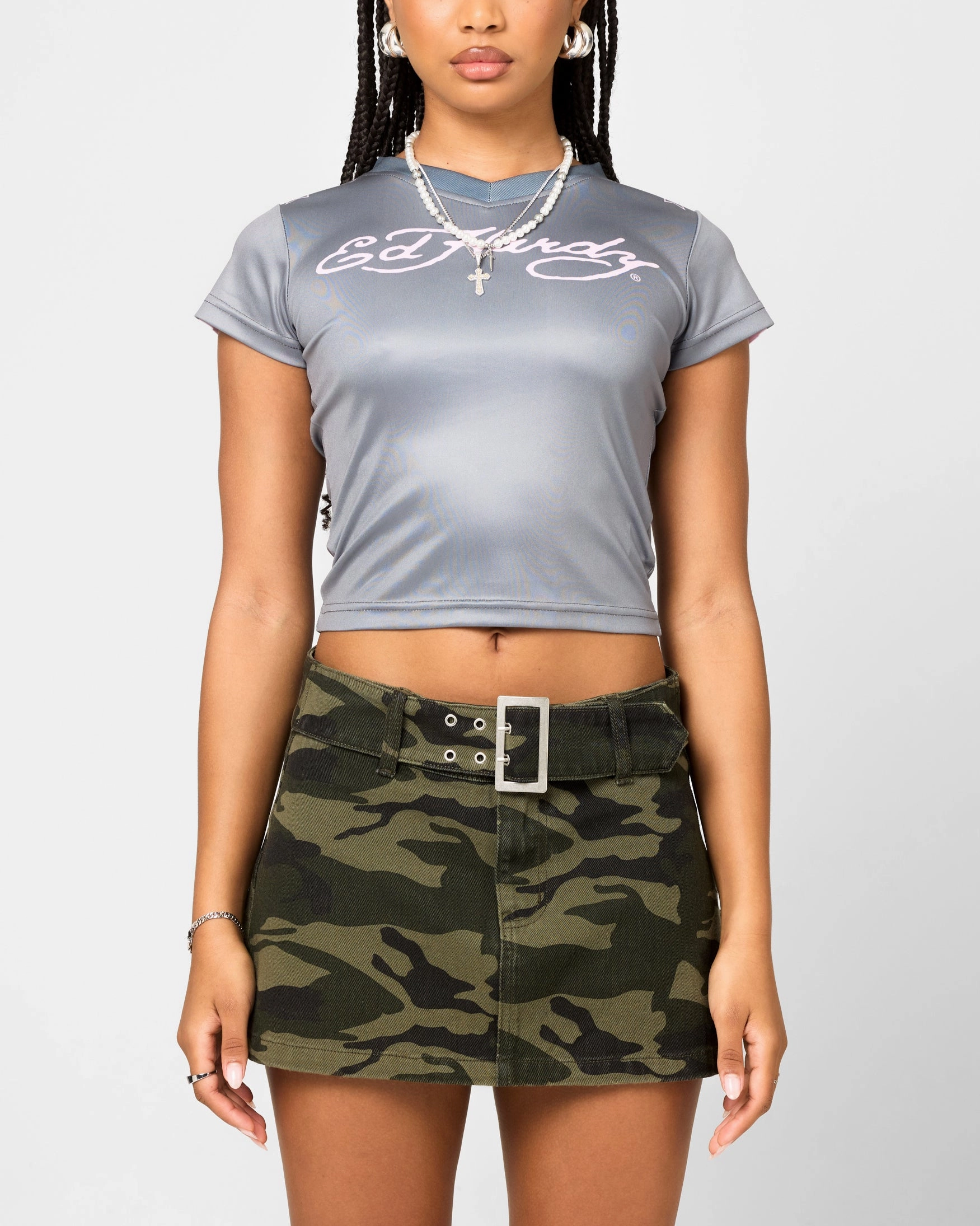 Ed Hardy Women's Football Baby T-Shirt Grey/Pink Ventilation Panel