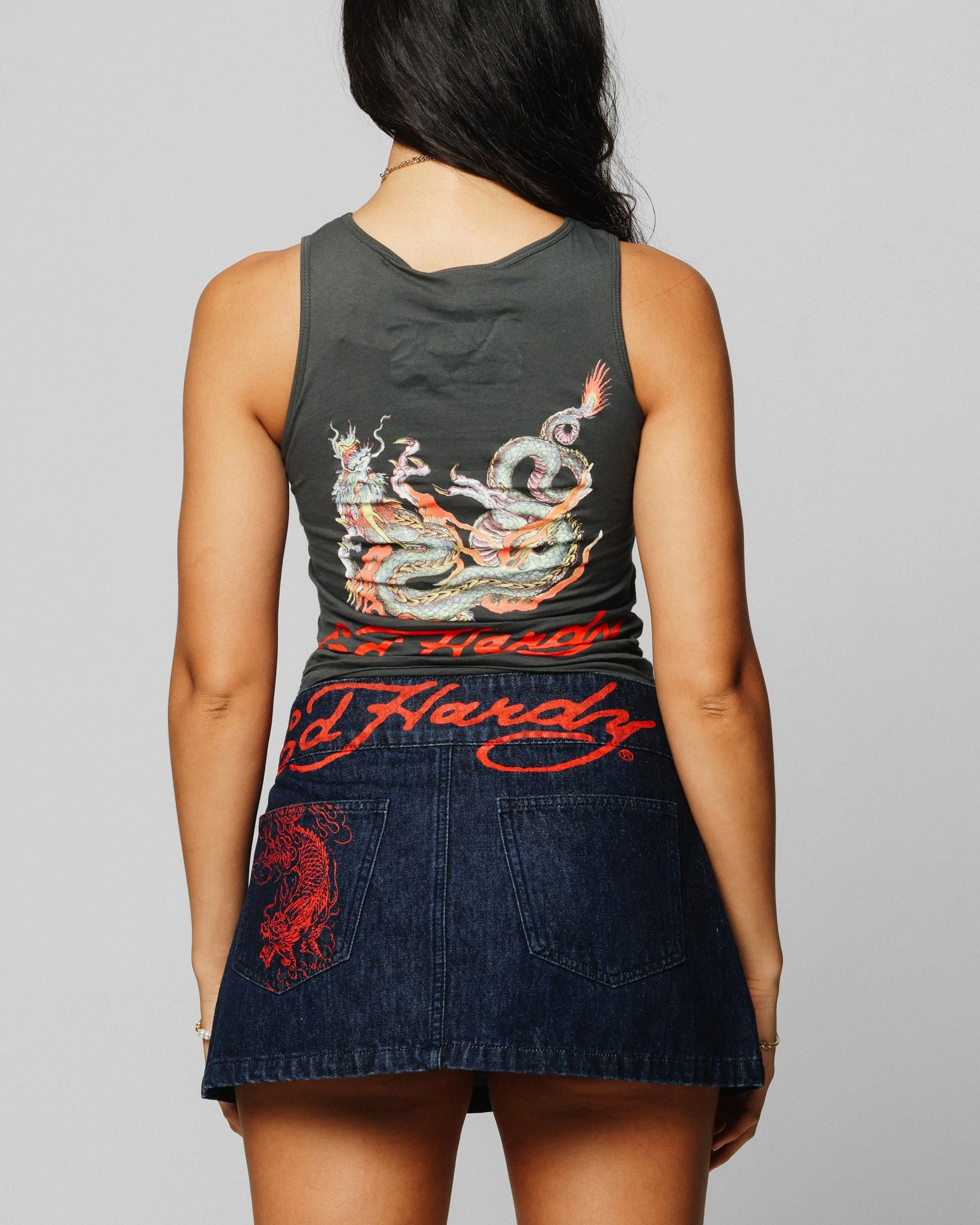 Ed Hardy Women's Ripped Dragon Tank Black Reinforced Buttonholes Full Coverage Fit