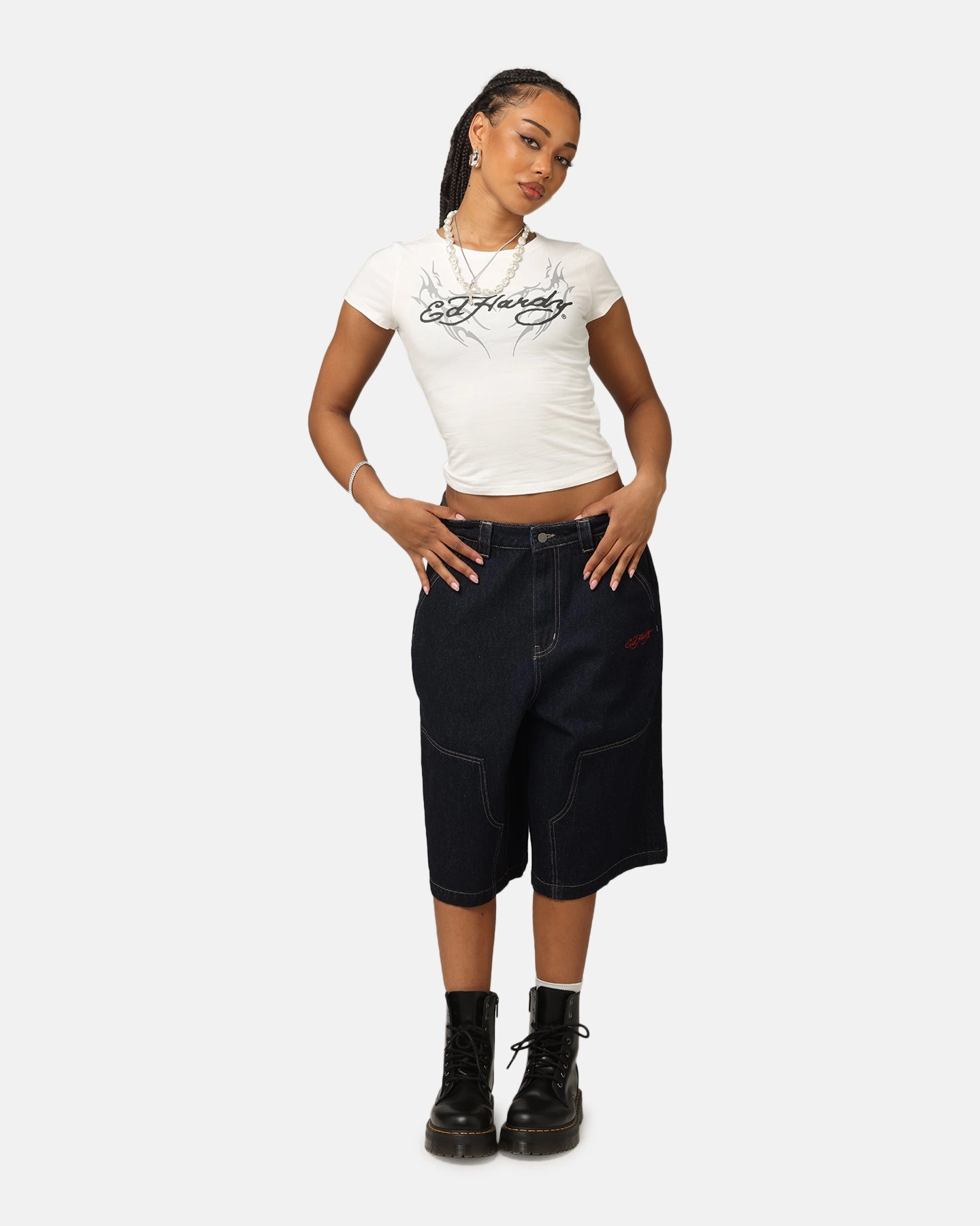 Versatile Layering Cut Ed Hardy Women's Tribal Baby T-Shirt White