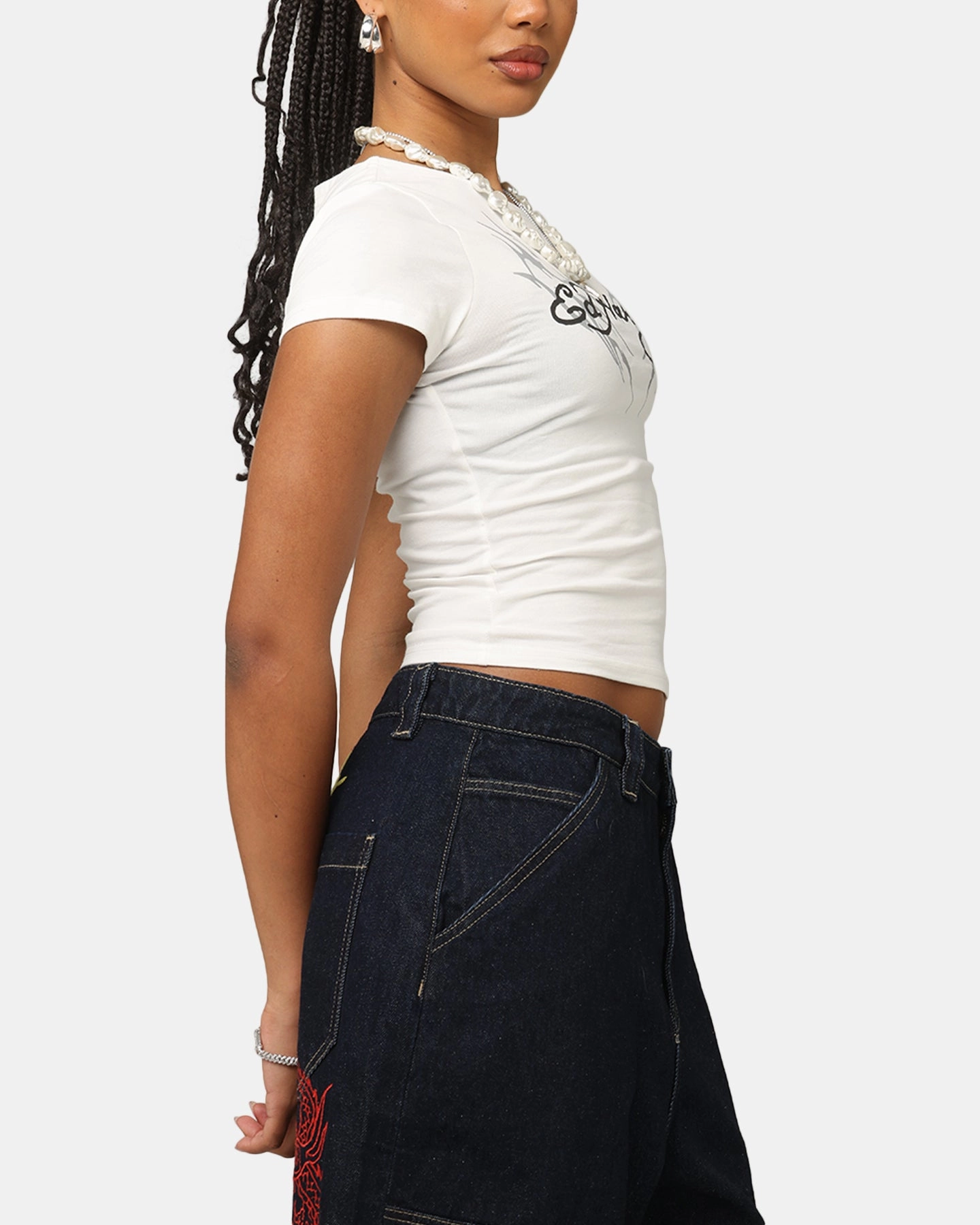 Ed Hardy Women's Tribal Baby T-Shirt White Roll Up Sleeve System Hidden Zipper Closure