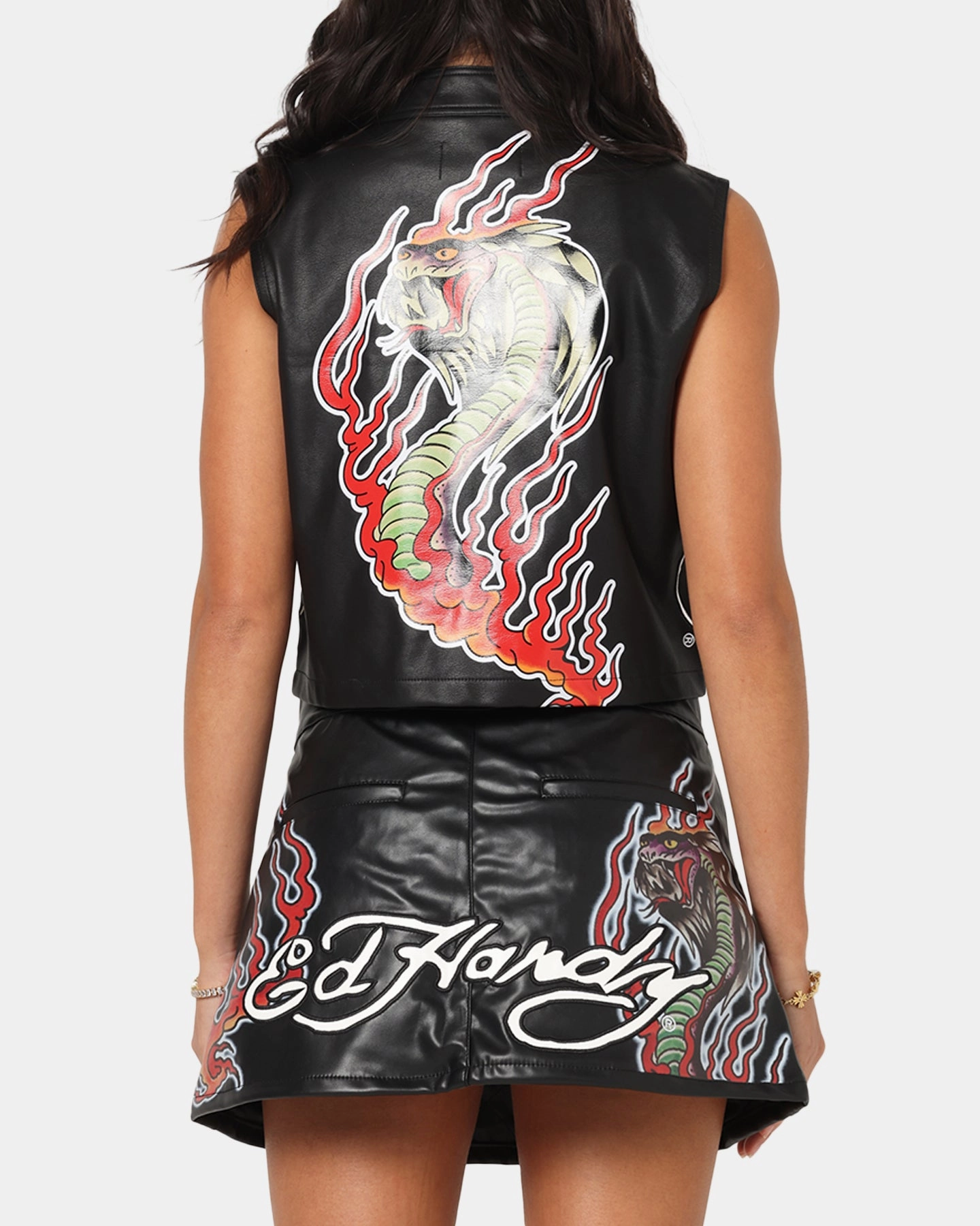 Ed Hardy Women's Vegan Leather Biker Vest Black Quick Dry Material RibbedCuff