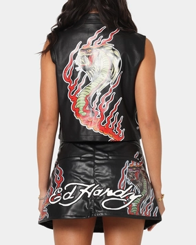 Ed Hardy Women's Vegan Leather Biker Vest Black Quick Dry Material RibbedCuff